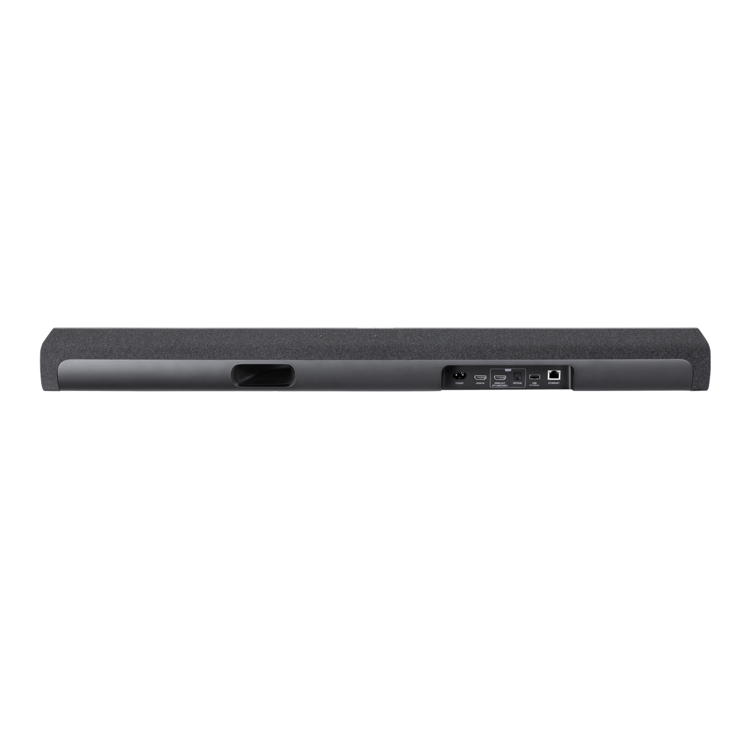 Back panel of a soundbar with various ports and connections, set against a black background.