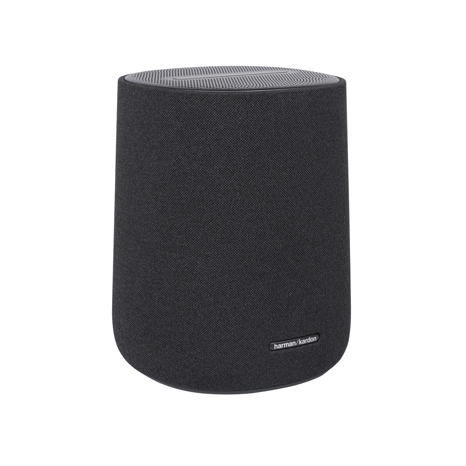 Een cilindrische, donkergrijze luidspreker met het 'harman/kardon'-logo op een zwarte achtergrond.