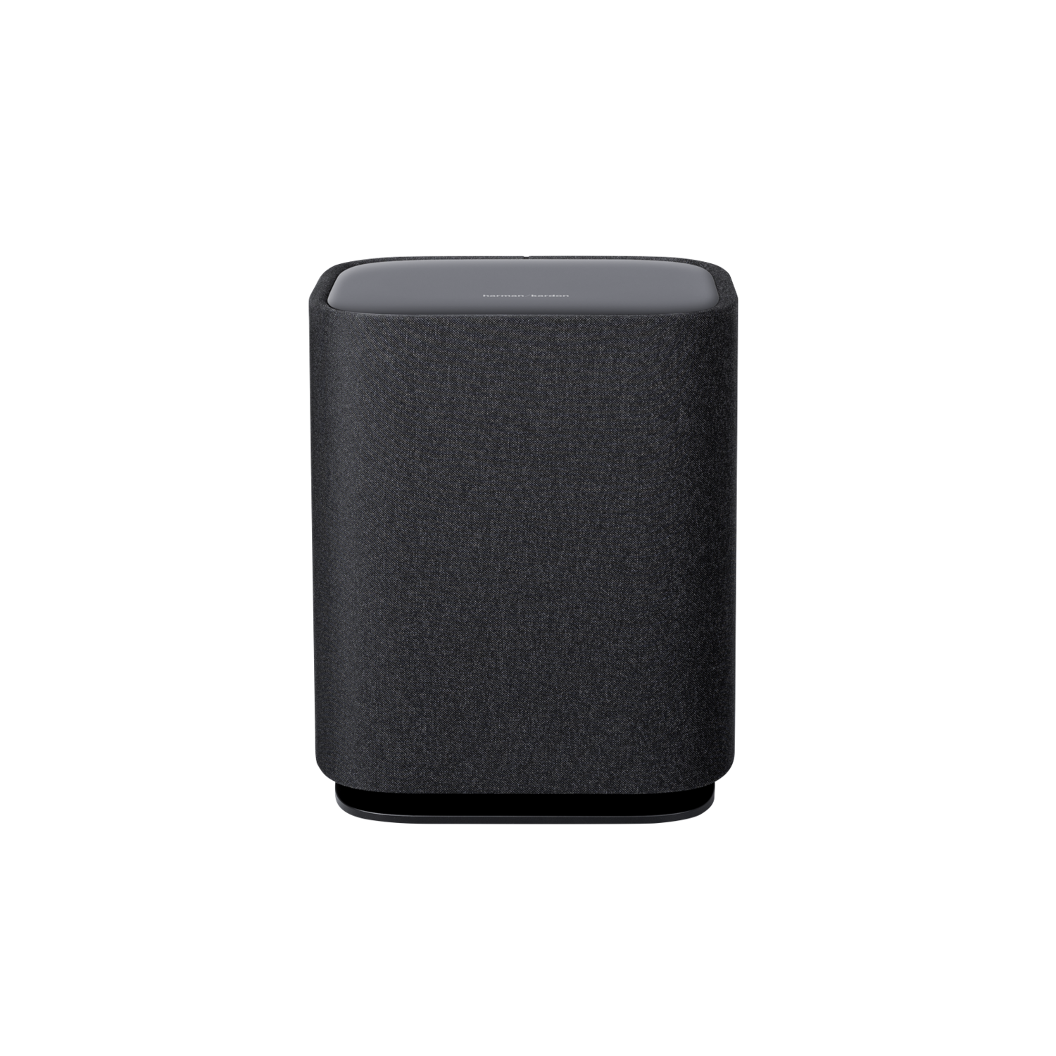 Zwarte cilindrische luidspreker met stof. Harman Kardon logo bovenaan.
