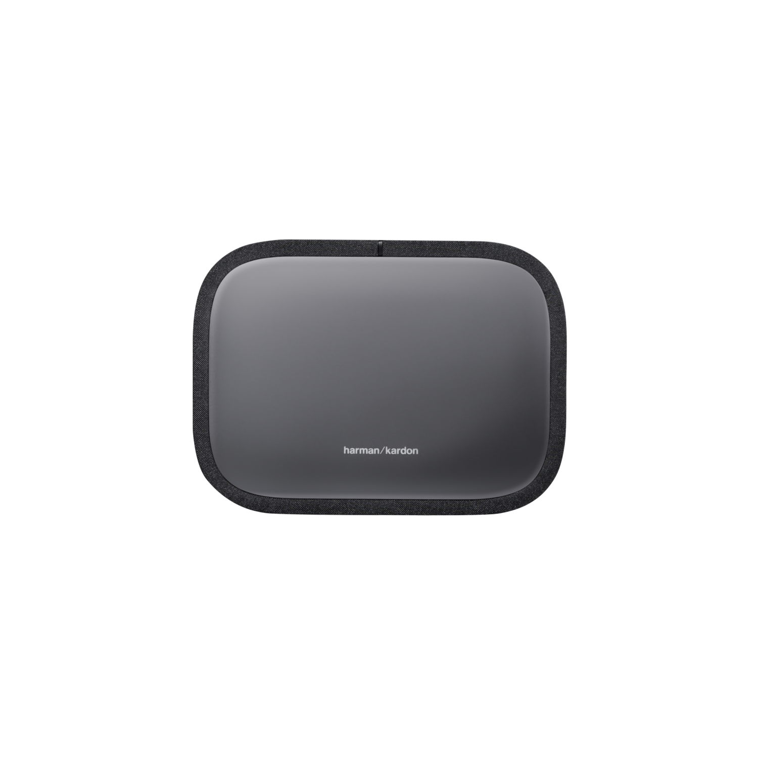 Een donkergrijze, rechthoekige Harman Kardon-luidspreker met een zwarte rand, zwarte achtergrond.