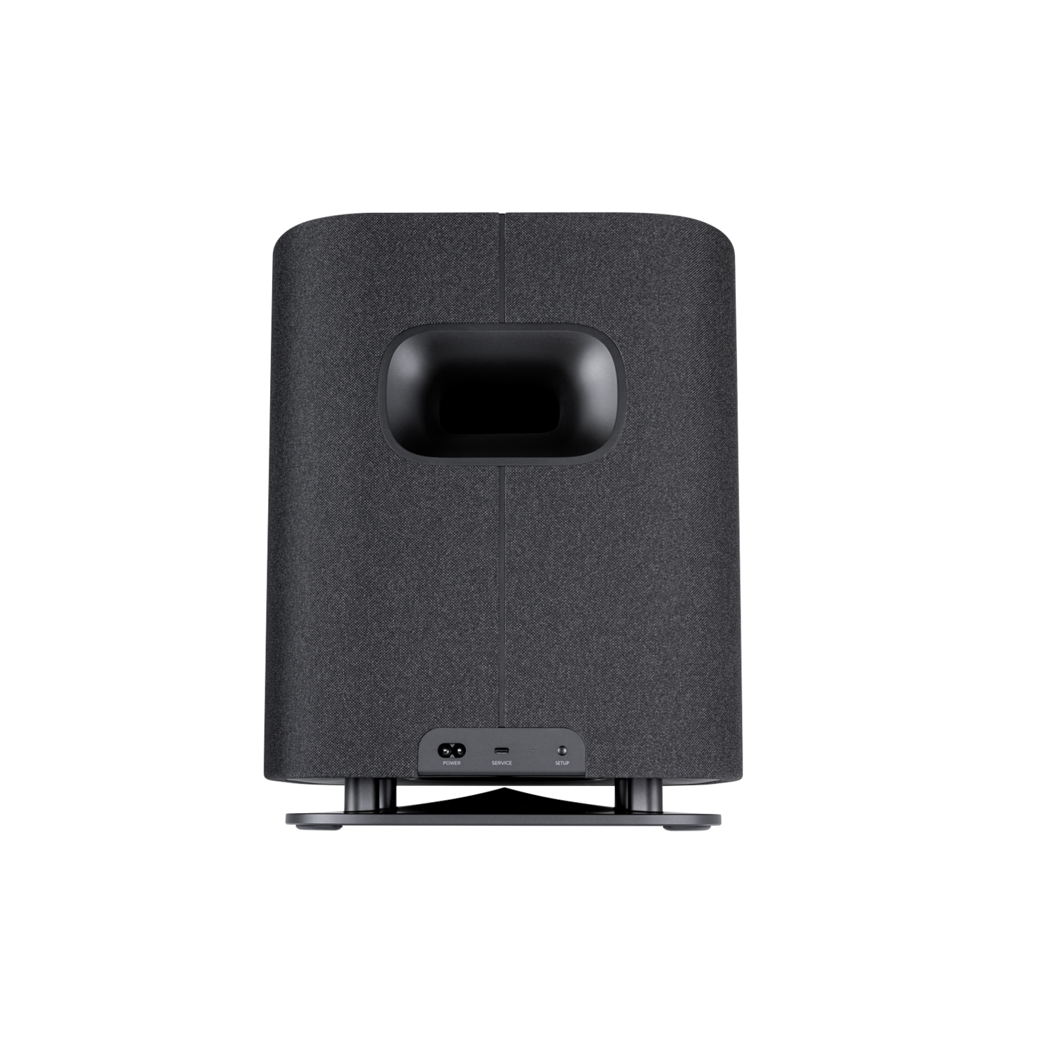 Een donkergrijze subwoofer met een zwart voorpaneel, met stroom-, USB- en optische poorten.