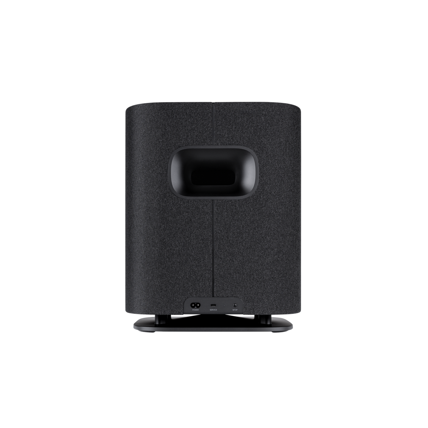 De achterkant van een donkergrijze subwoofer met een zwarte ovale poort en een stroom- en audio-ingangsgedeelte.