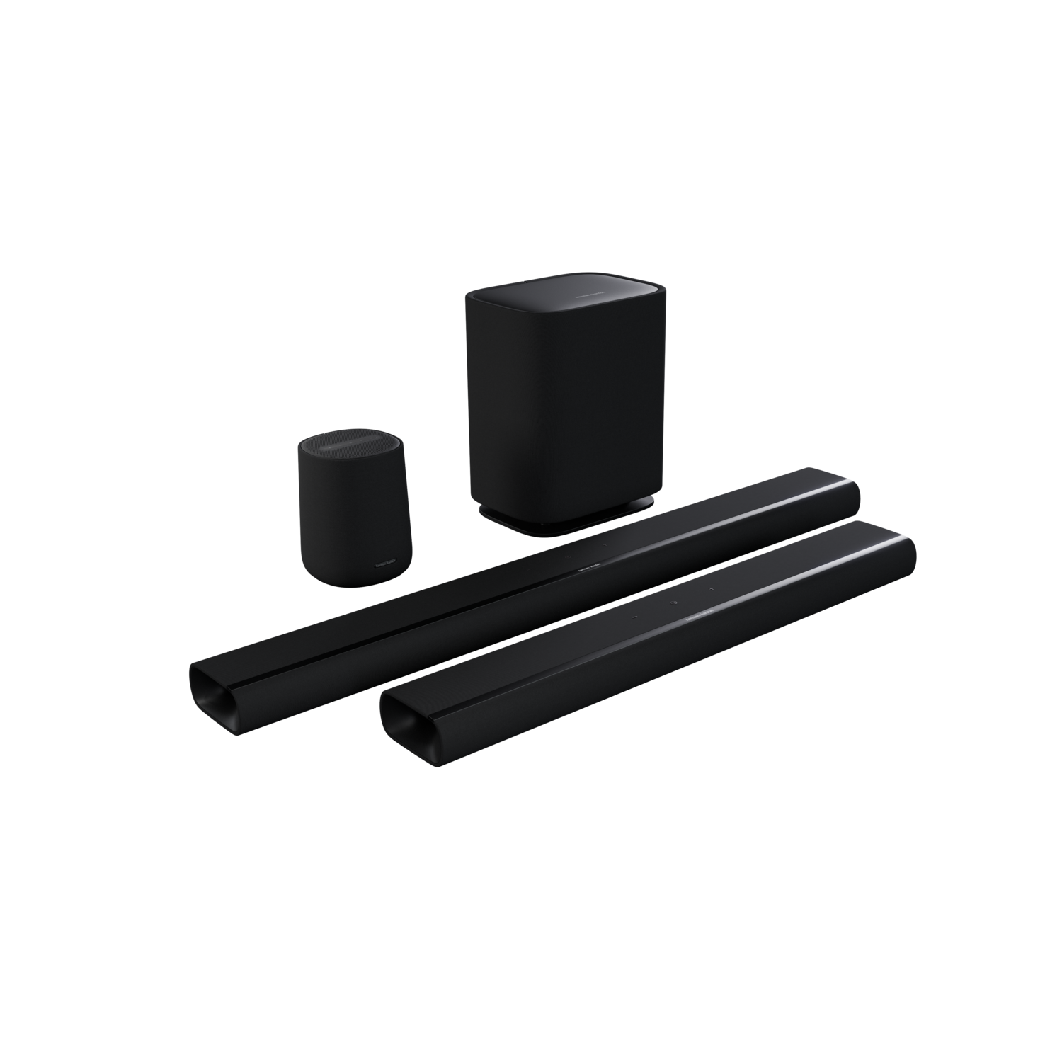 Zwart geluidssysteem met subwoofer en soundbars, zwarte achtergrond.