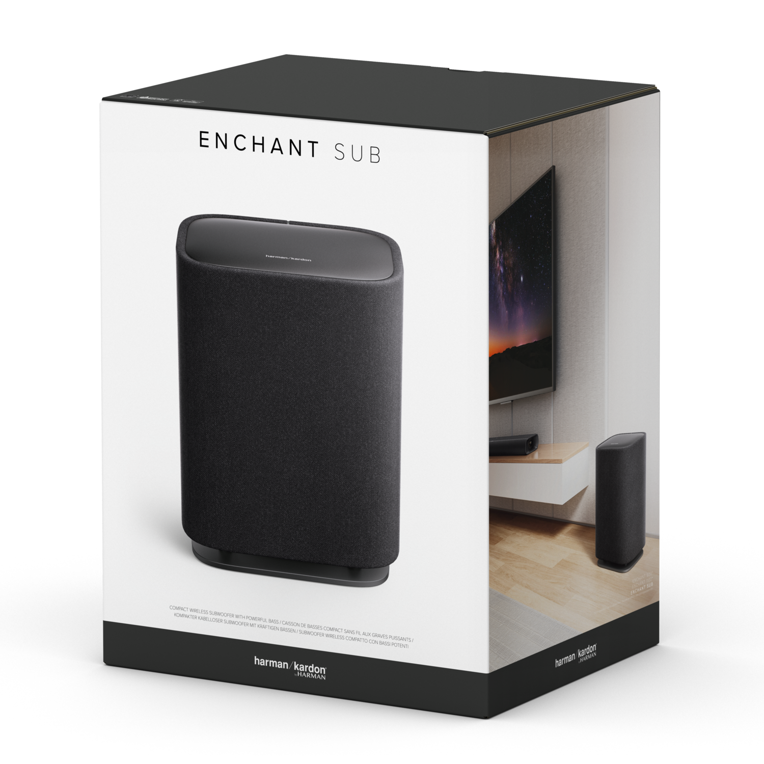 Een zwarte subwooferbox met het Enchante Sub-logo.