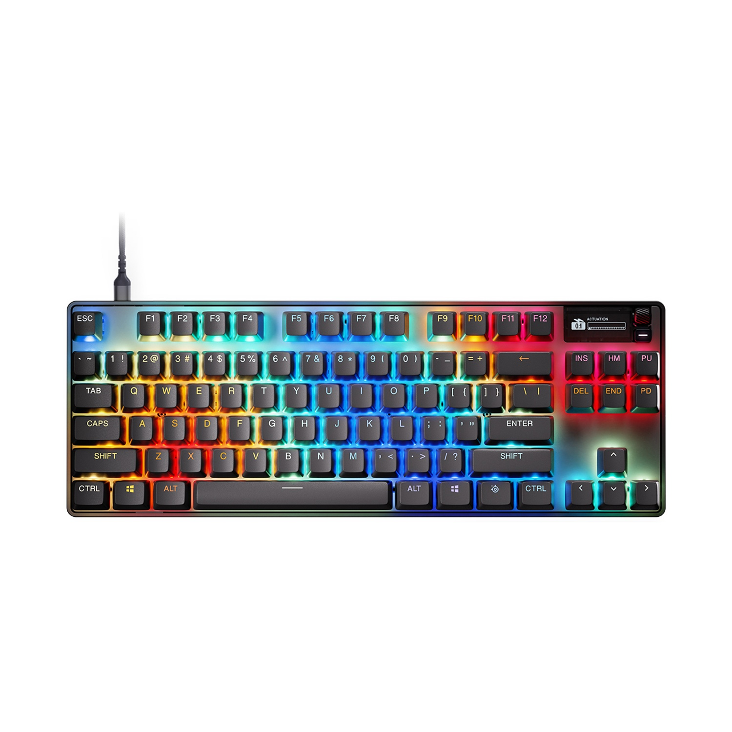 Una tastiera da gioco retroilluminata con illuminazione dei tasti colorata e vari tasti.