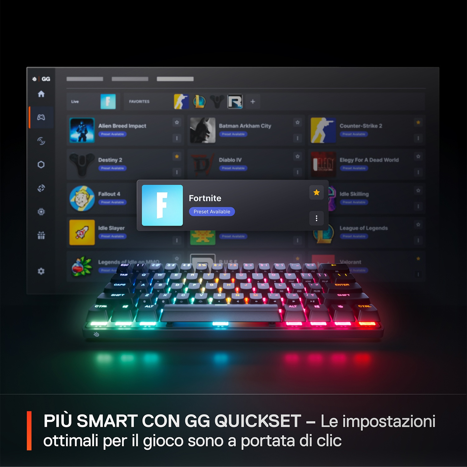 Tastiera gaming con luci colorate e interfaccia di gioco sullo schermo.