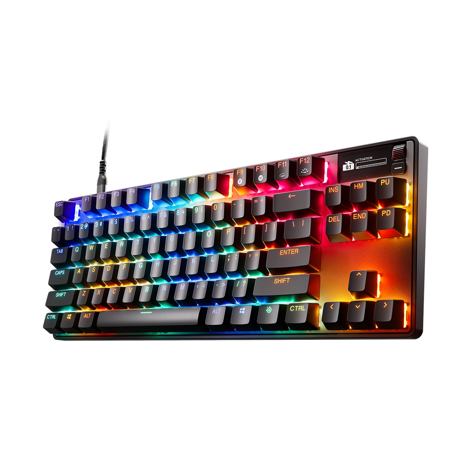 Tastiera gaming RGB, tasti neri, luci colorate. Sfondo bianco.