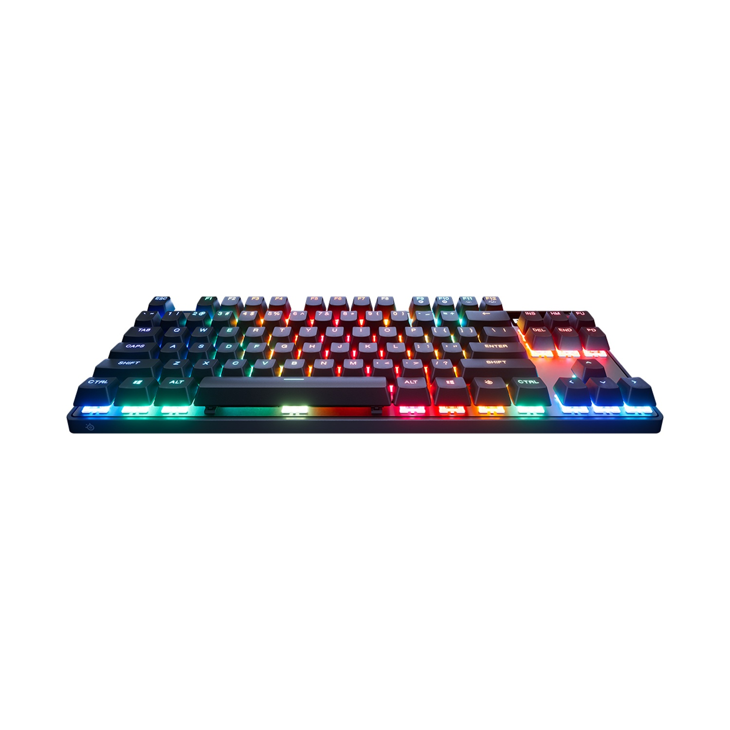 Una tastiera da gioco nera con luci a LED colorate, su sfondo bianco, vista angolata.
