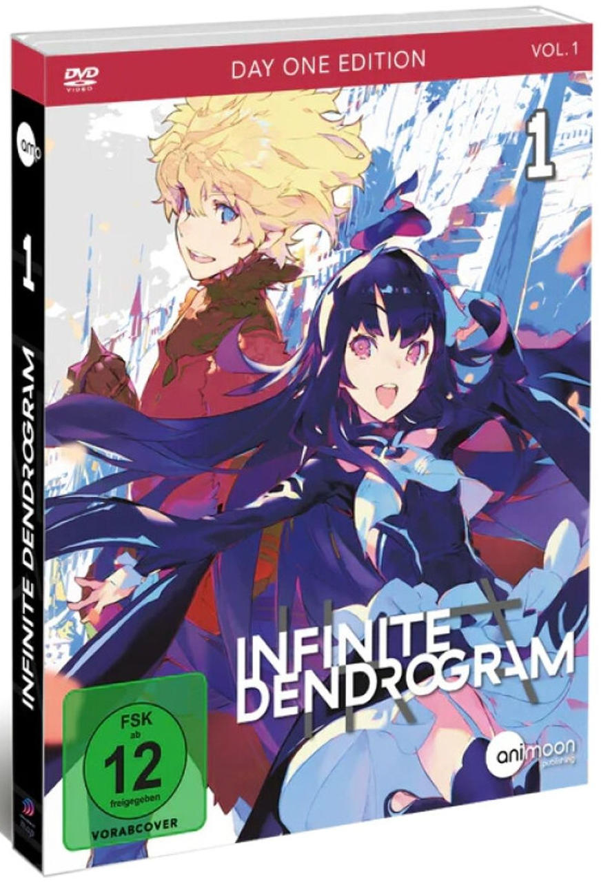 DVD-Cover von Infinite Dendrogram Vol. 1. Enthält Anime-Charaktere mit leuchtenden Haaren. Das Cover enthält Logos und Altersempfehlungssymbole.