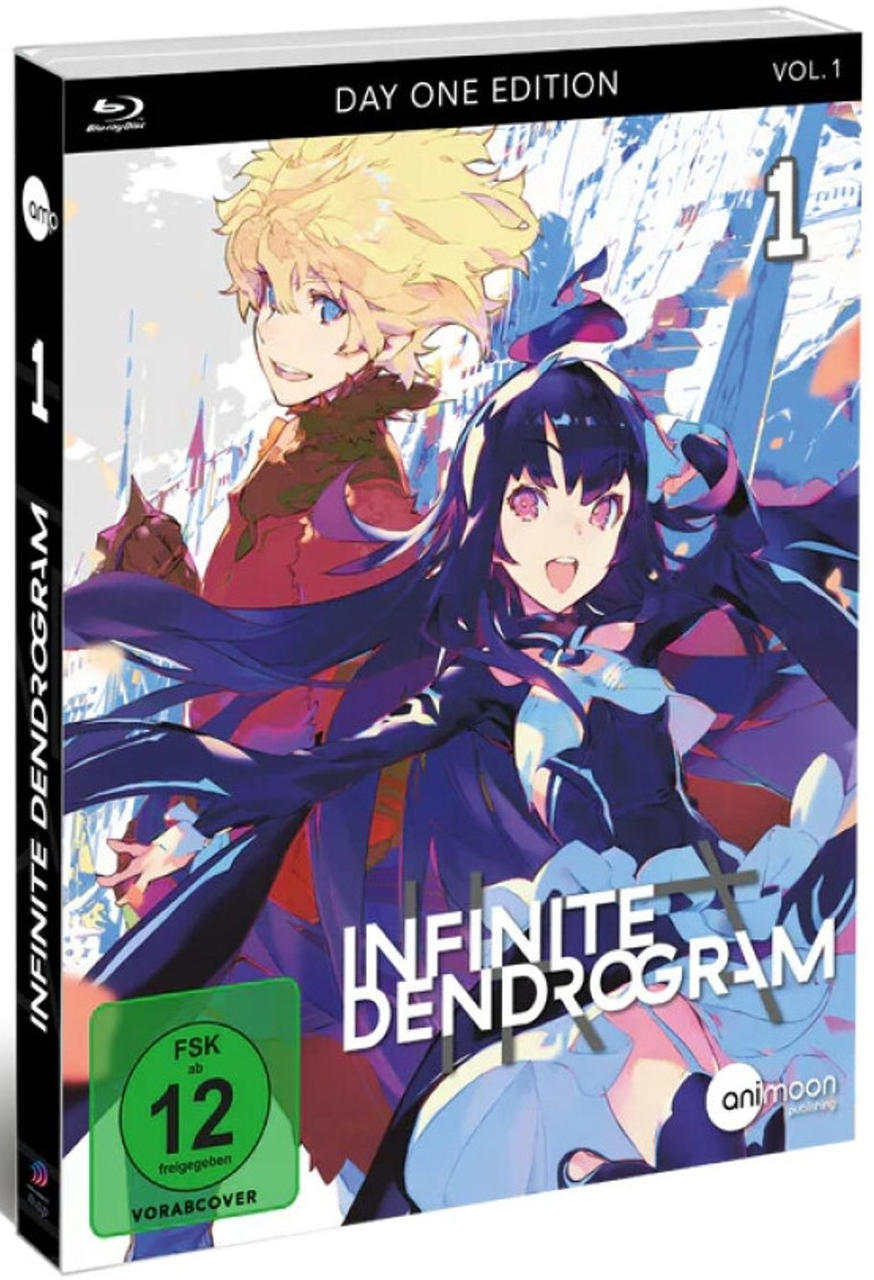 Anime-Blu-ray-Cover mit zwei Anime-Charakteren. Der Titel lautet Infinite Dendrogram. Die Box hat einen grünen Rating-Aufkleber. Day One Edition.