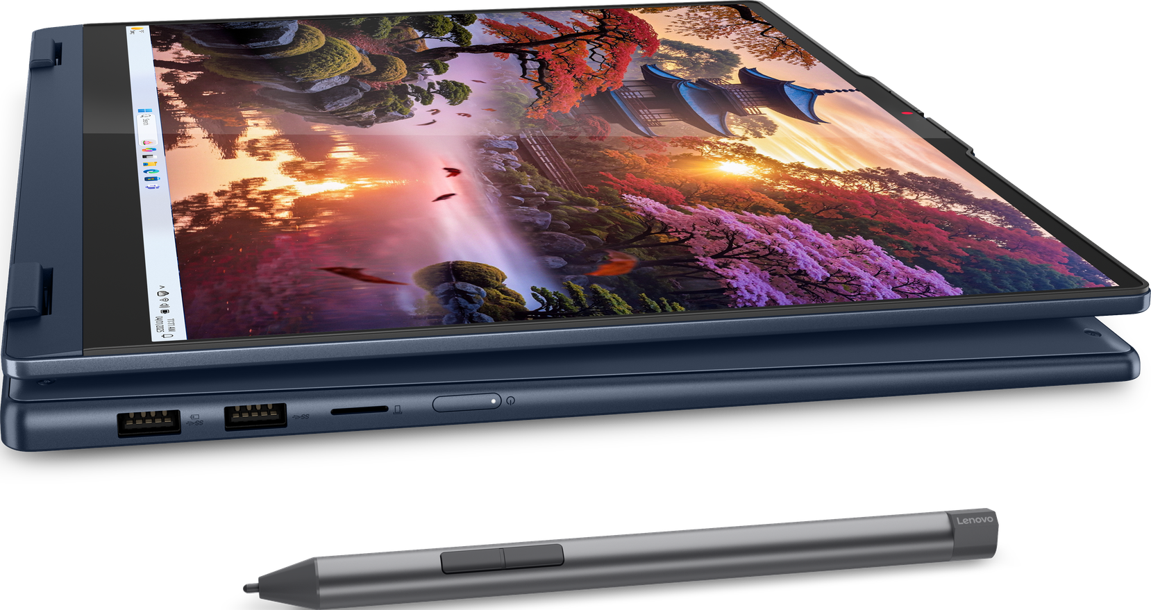 Ein blauer Laptop mit Landschaftshintergrund und ein Stift daneben.
