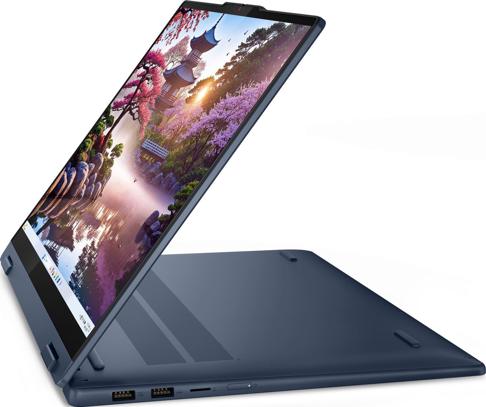 Blauer Laptop mit geöffnetem Bildschirm, der eine Landschaft zeigt, auf weißem Hintergrund.