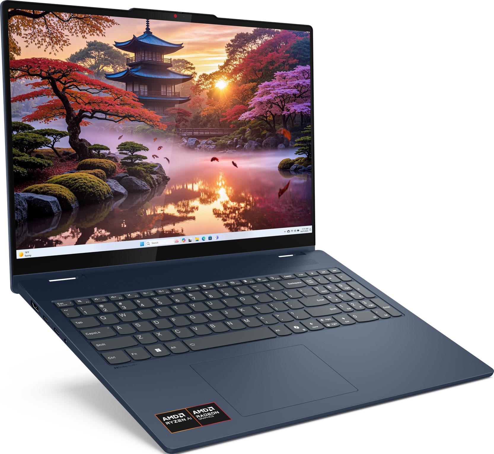 Laptop mit Landschaft, See, Pagode und Bäumen. Tastatur sichtbar, Bildschirm leuchtet.