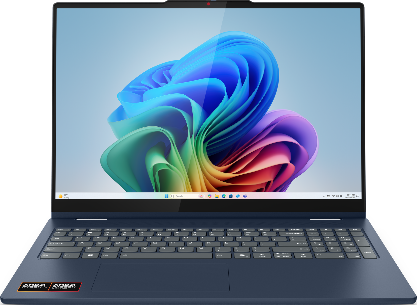Ein blauer Laptop mit buntem Bildschirm auf weißem Hintergrund.