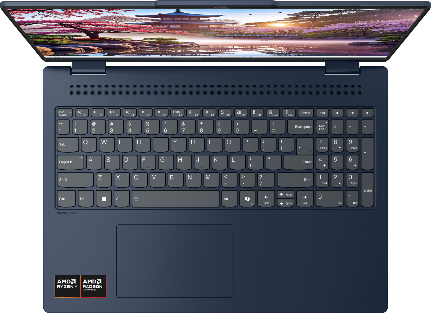 Draufsicht auf einen blauen Laptop mit offenem Bildschirm, der eine Kirschblüten-Szene zeigt.