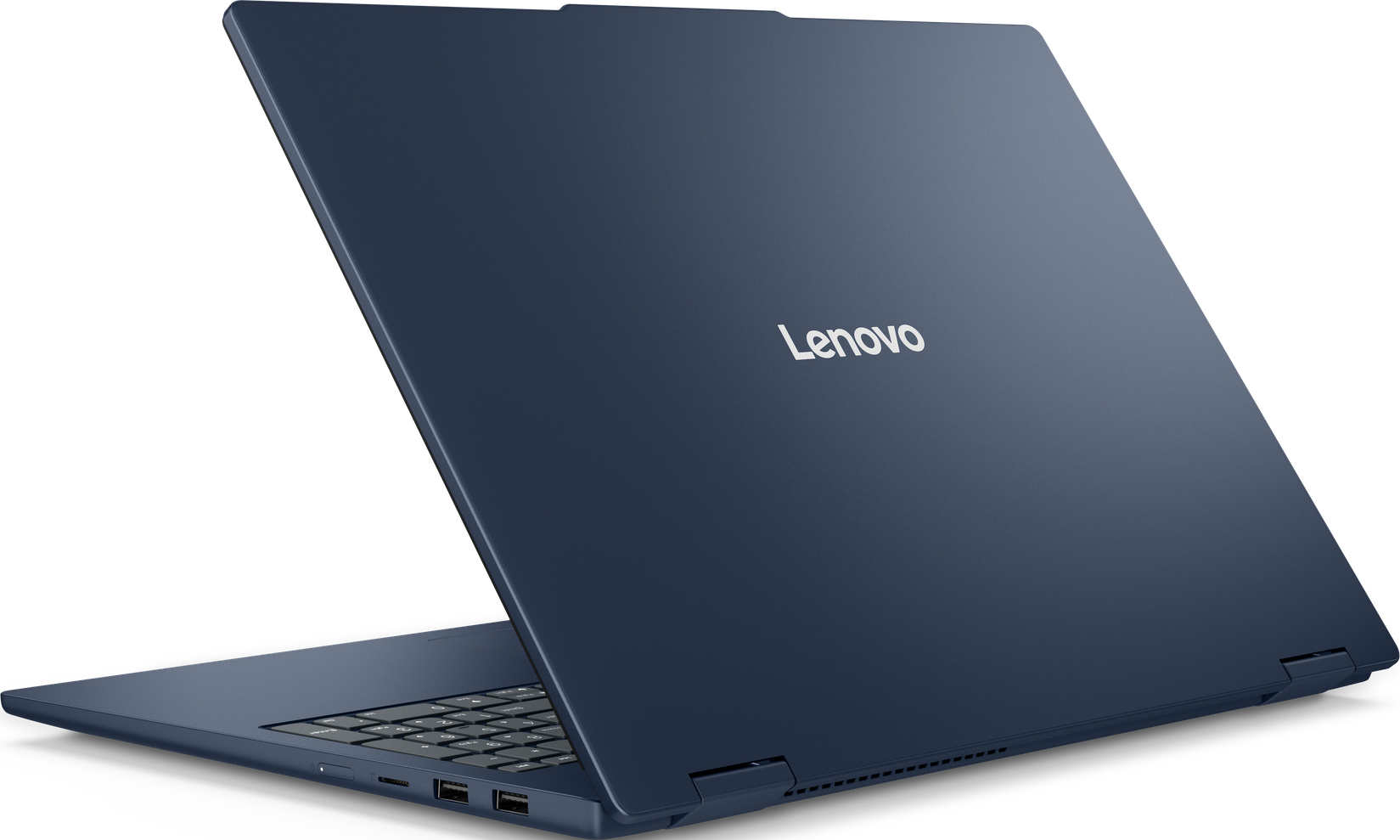 Marineblauer Lenovo-Laptop, Rückansicht, leicht geöffnet. Das Lenovo-Logo ist sichtbar, schwarzer Hintergrund.
