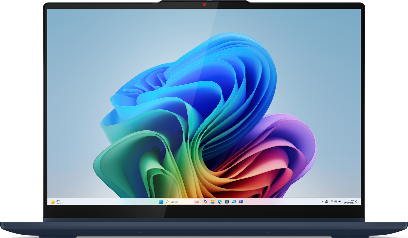 Laptop mit blauem Rahmen, Bildschirm zeigt ein farbenfrohes, abstraktes Wirbeldesign.