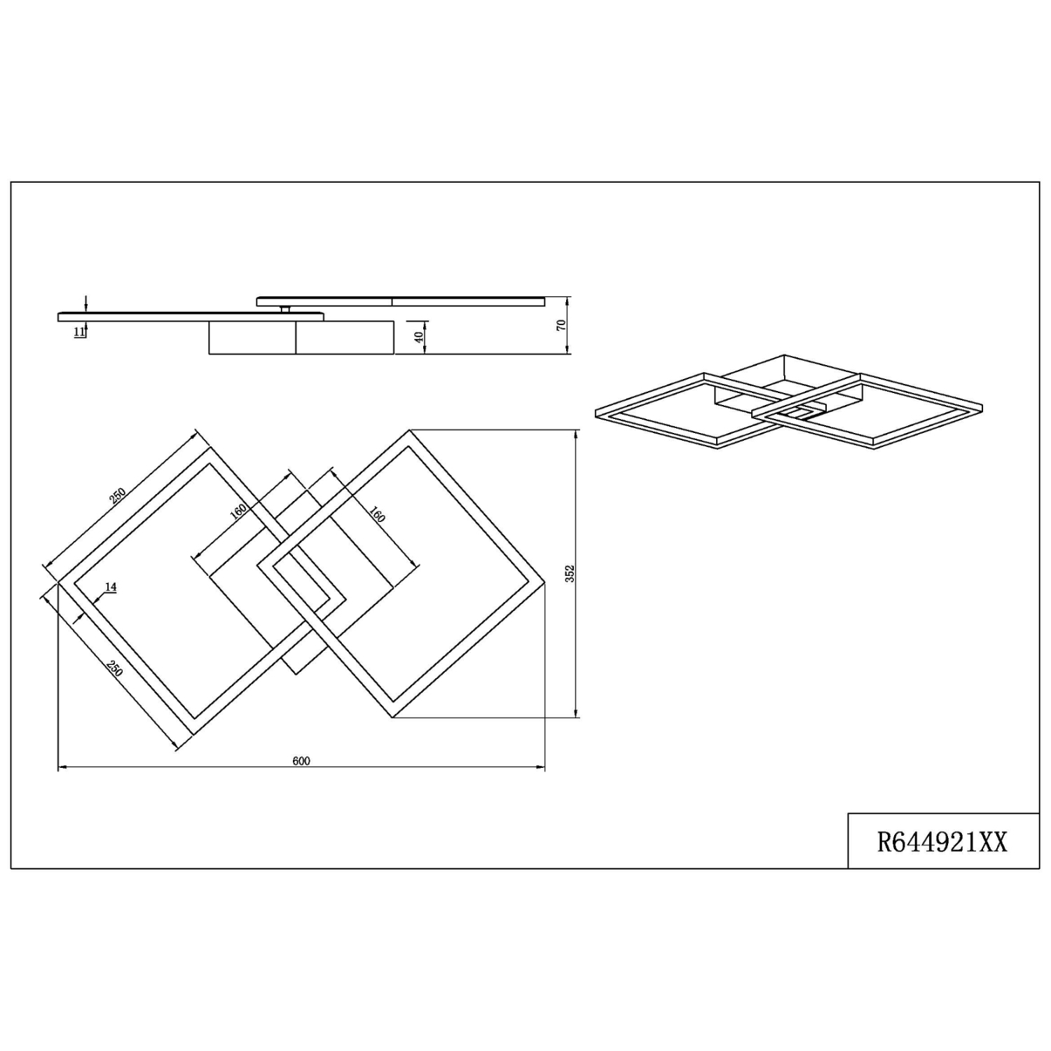 Un disegno tecnico di un apparecchio di illuminazione a soffitto. Presenta un design rettangolare con misure ed etichette.