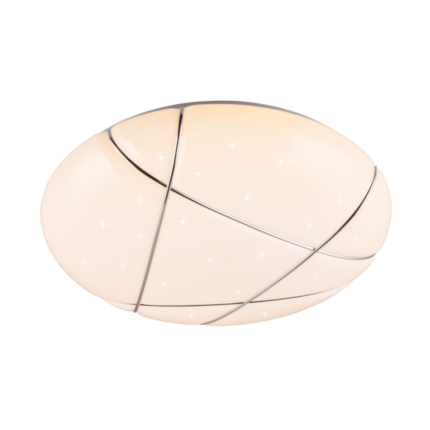 Plafone ovale bianco con linee argentate e stelle.