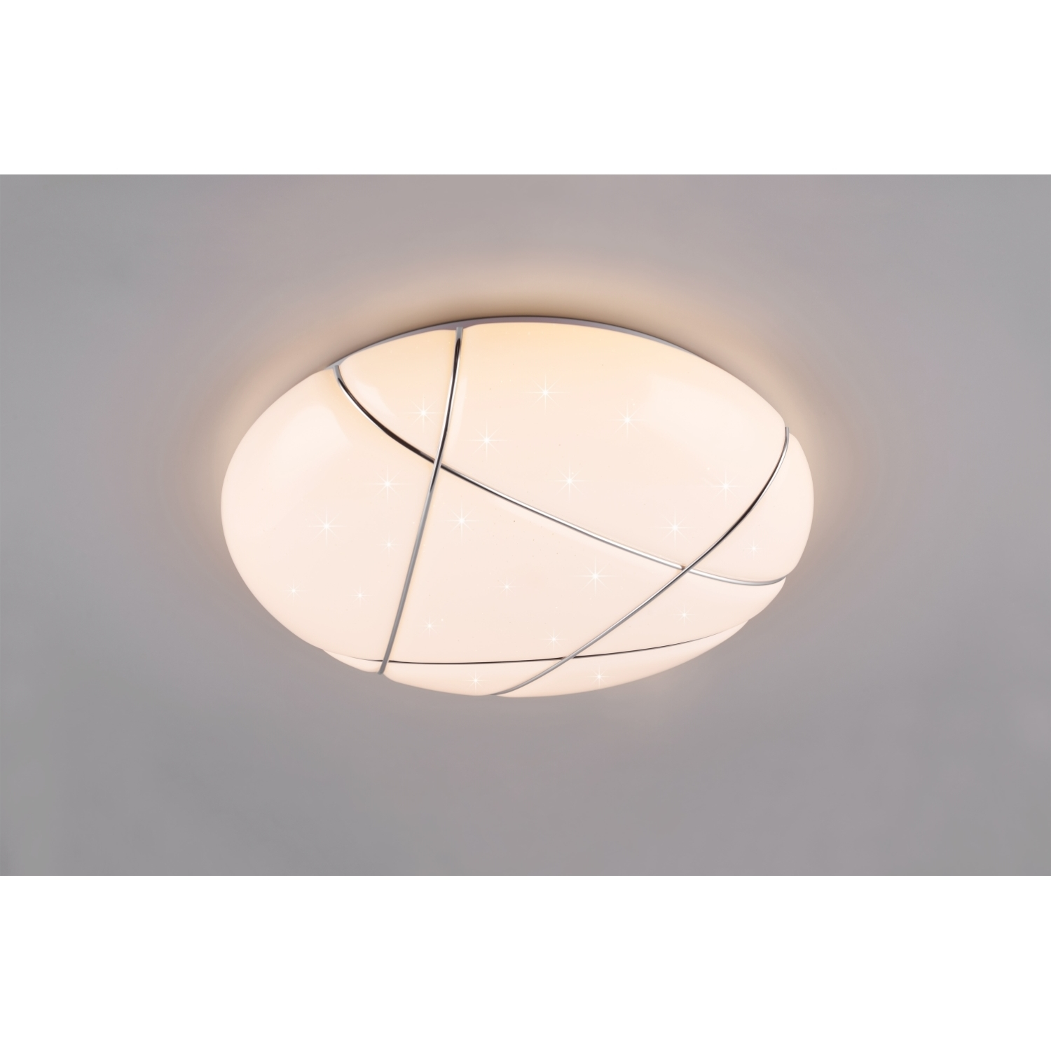 Lampada da soffitto rotonda bianca con linee argentate intersecanti e luci integrate.