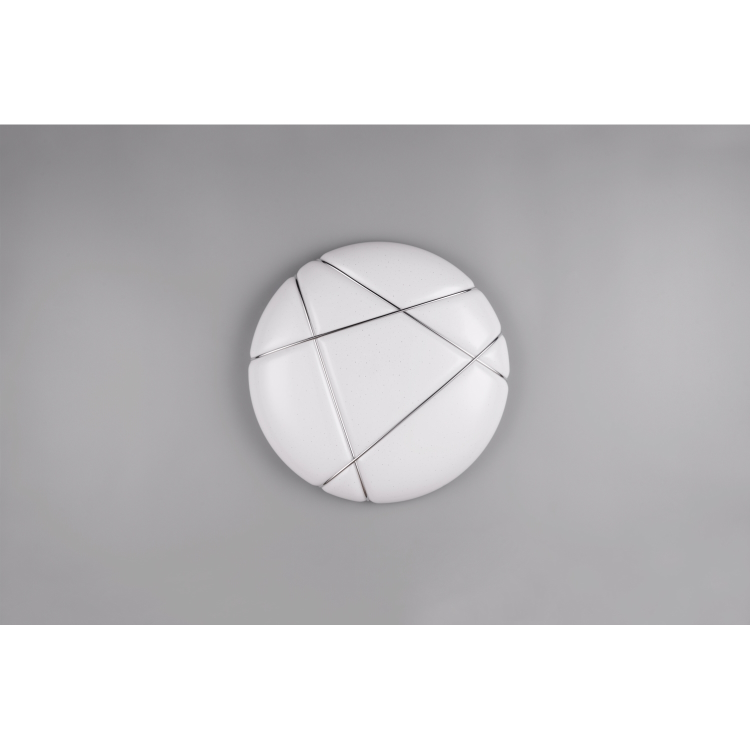 Apparecchio di illuminazione bianco, circolare, moderno con linee argentate su sfondo grigio.