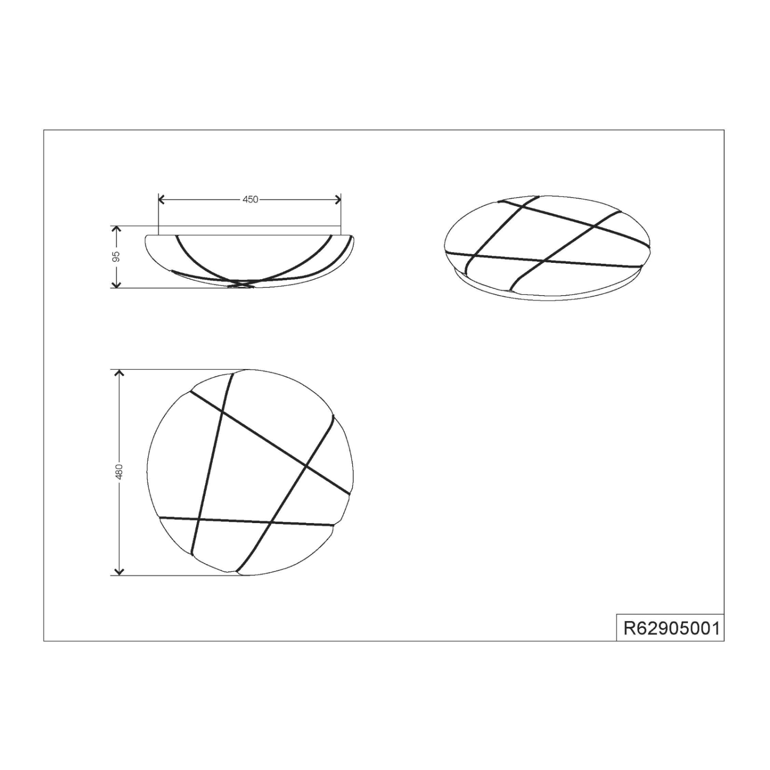 Disegno tecnico con viste dall'alto e laterali di un oggetto a forma di ciotola. Le dimensioni sono indicate.