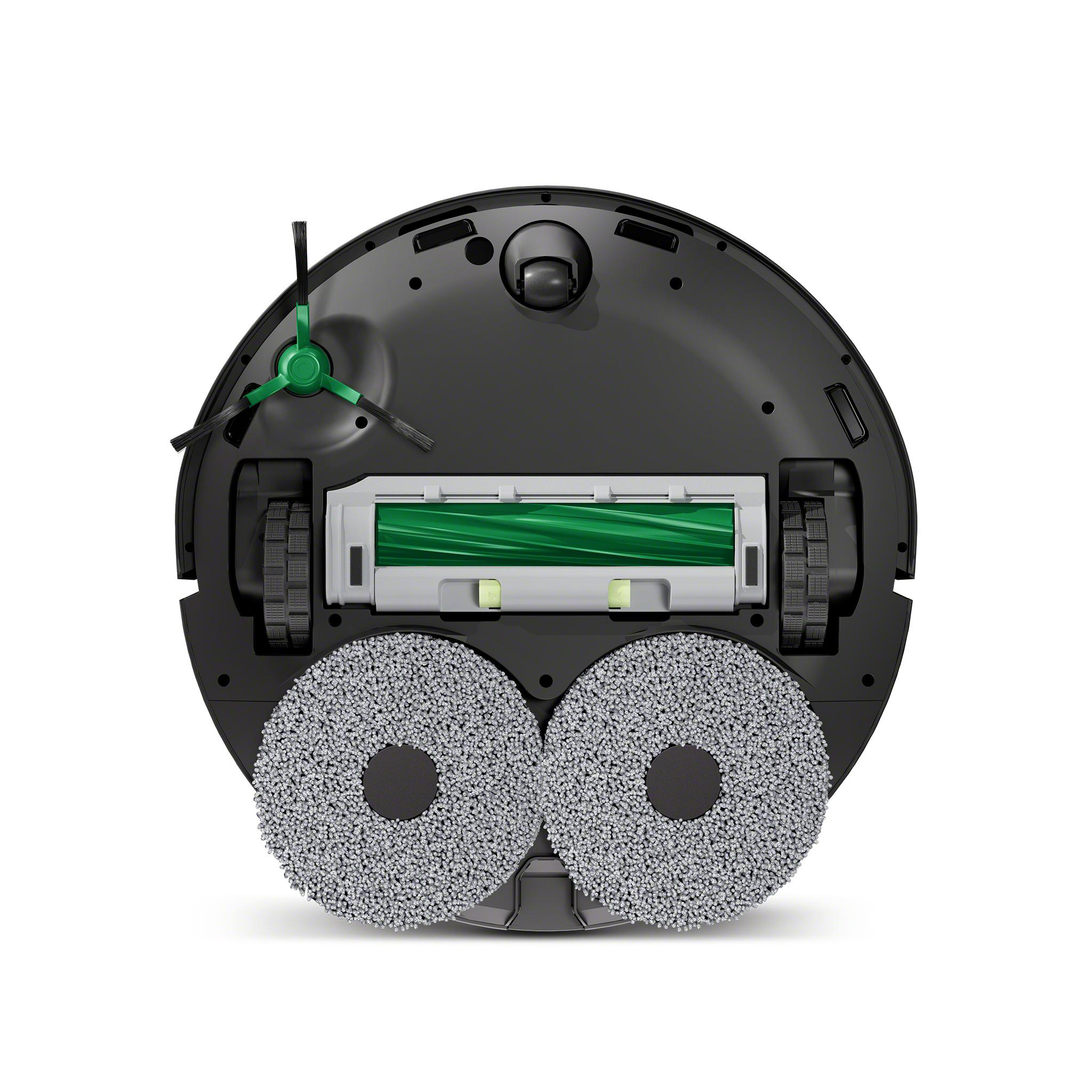 Unteransicht eines schwarzen Roboter-Staubsaugers mit zwei Rundbürsten und einer grünen Bürste.
