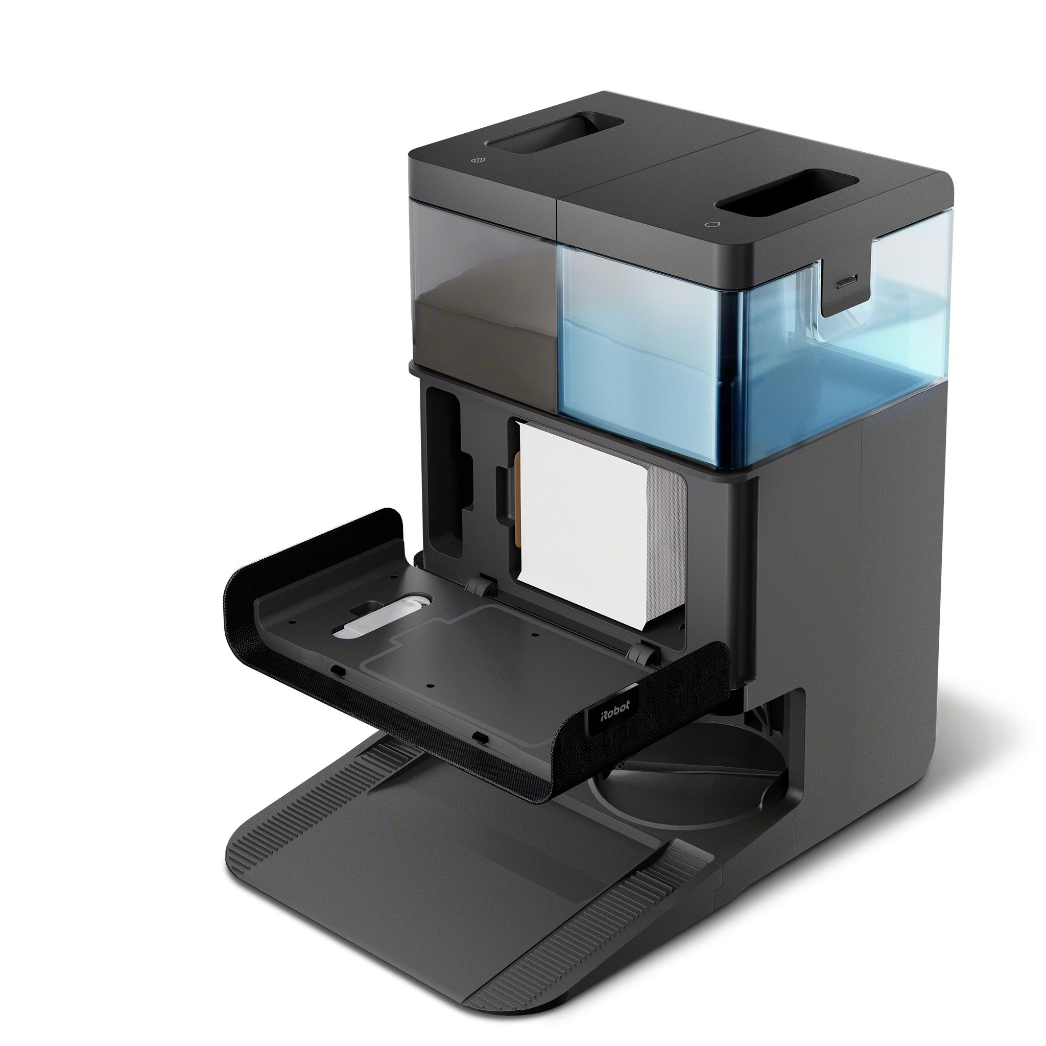 Schwarzer und grauer Roboterstaubsauger mit offenen Fächern. Hat Wassertank und weißen Filter.