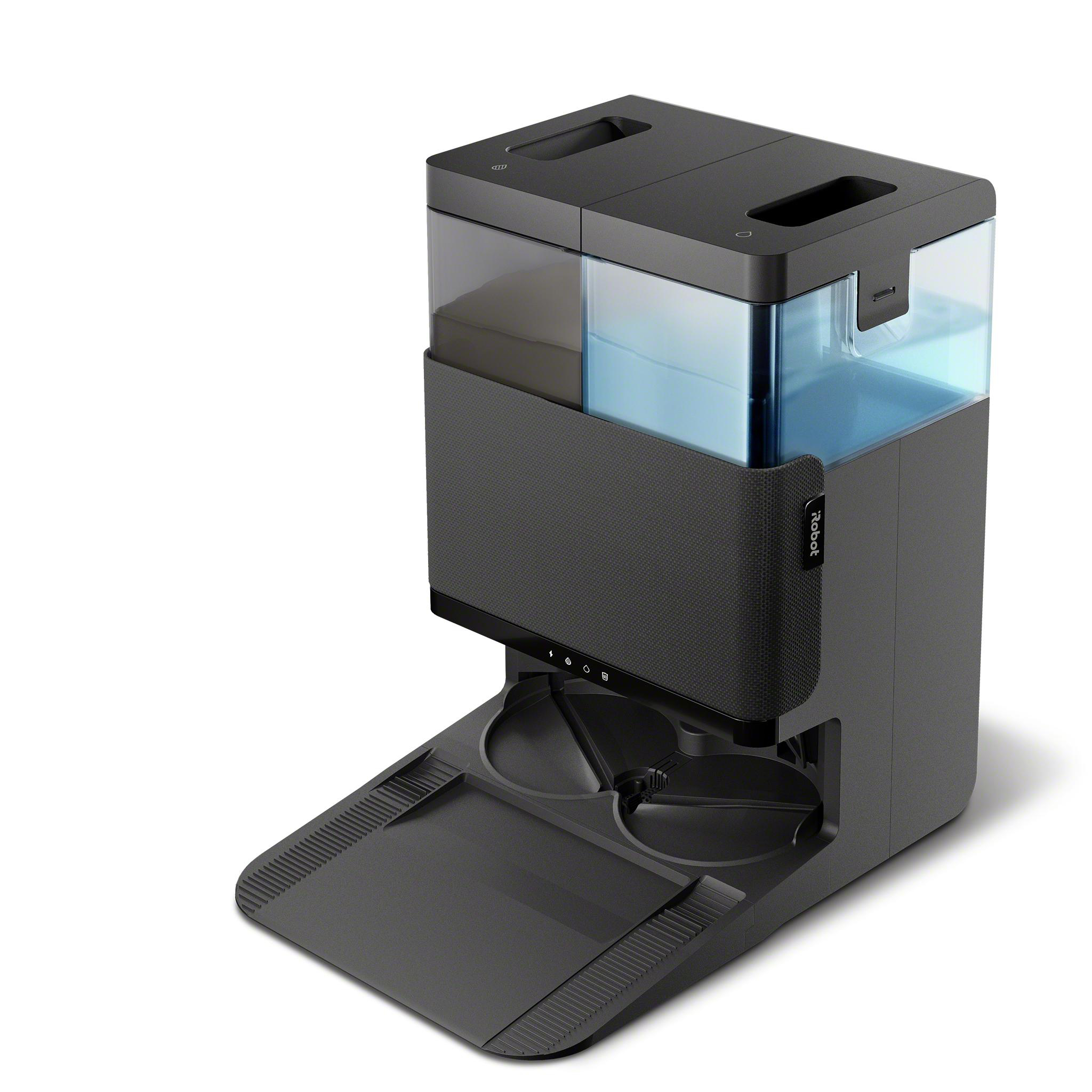 Schwarzer und grauer automatischer Futterautomat mit Wassertank. Weißer Hintergrund.