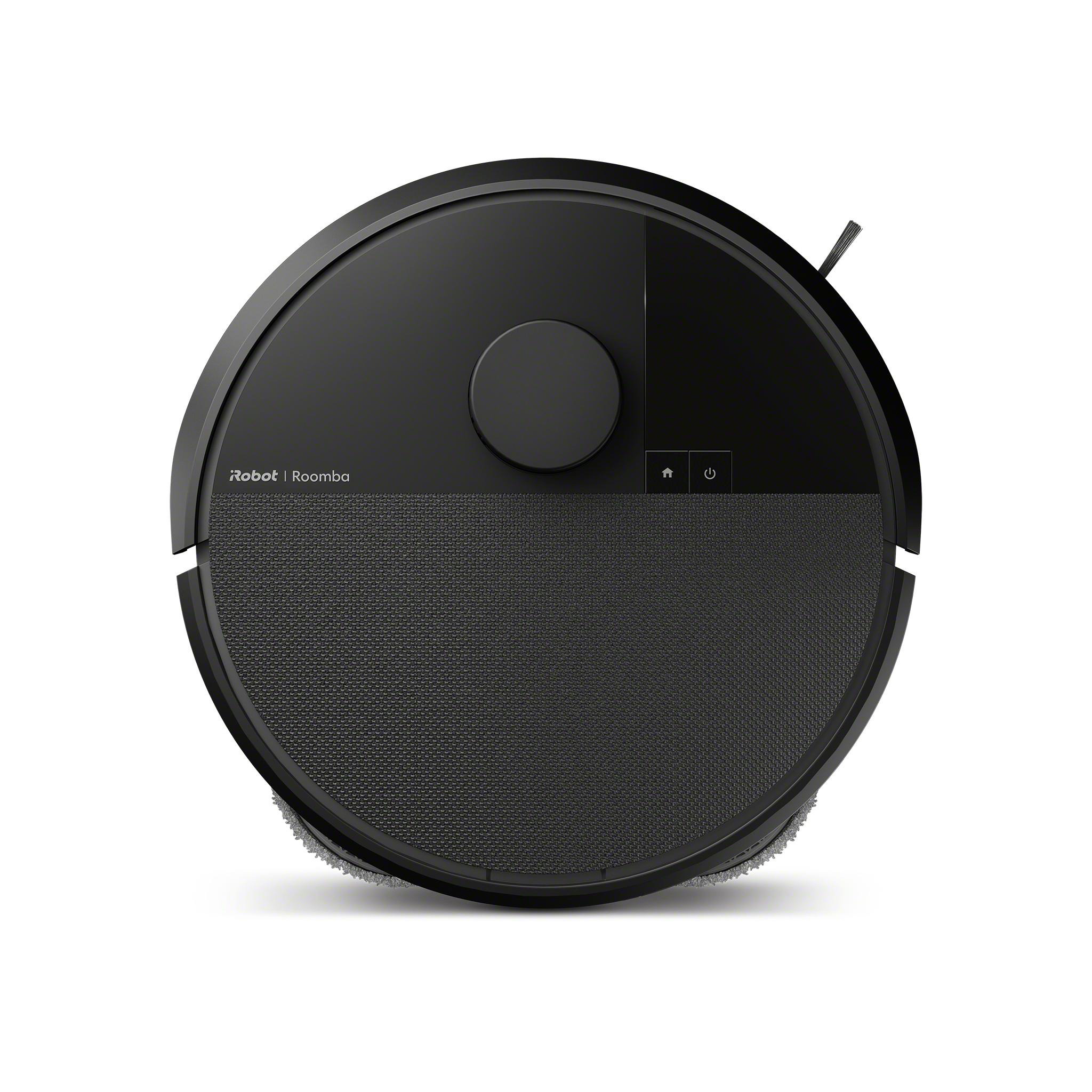 Schwarzer kreisförmiger iRobot Roomba Staubsauger auf einer weißen Oberfläche.