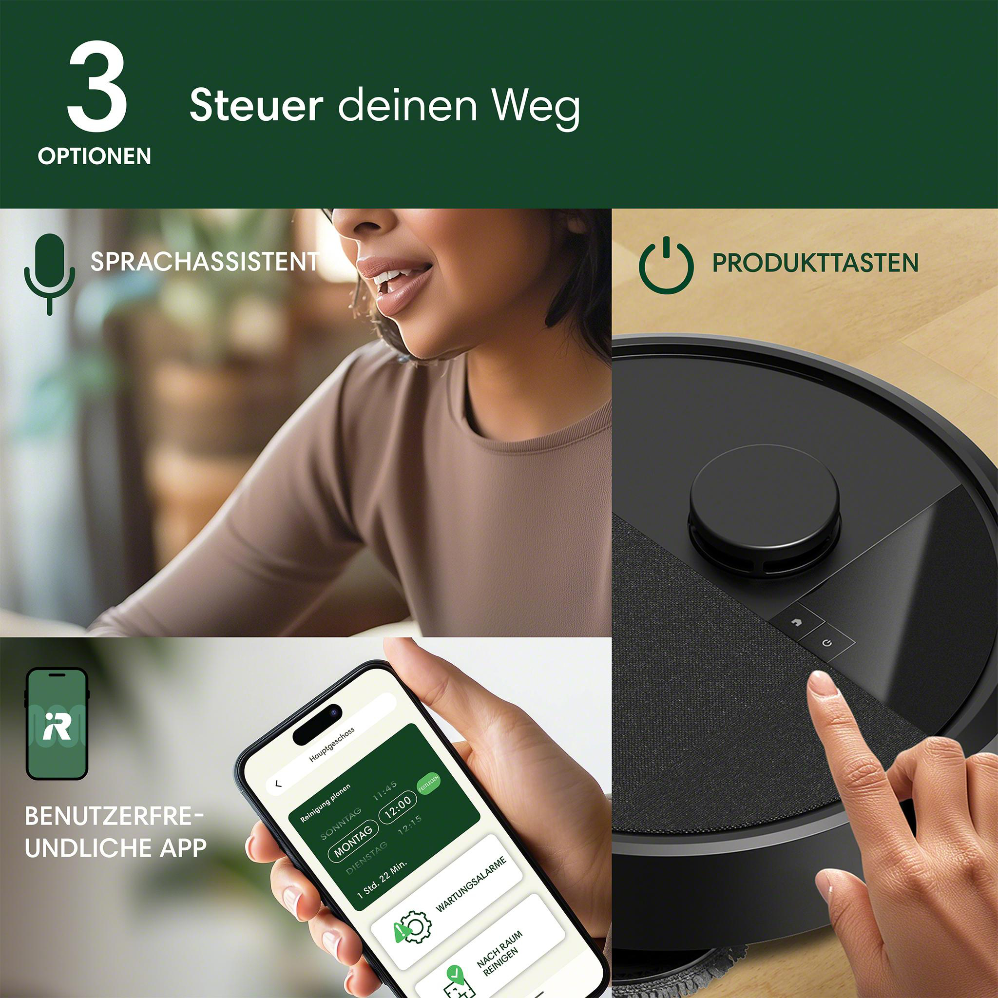 Frau nutzt Sprachassistenten, Produkttaste und App eines Roboterstaubsaugers.