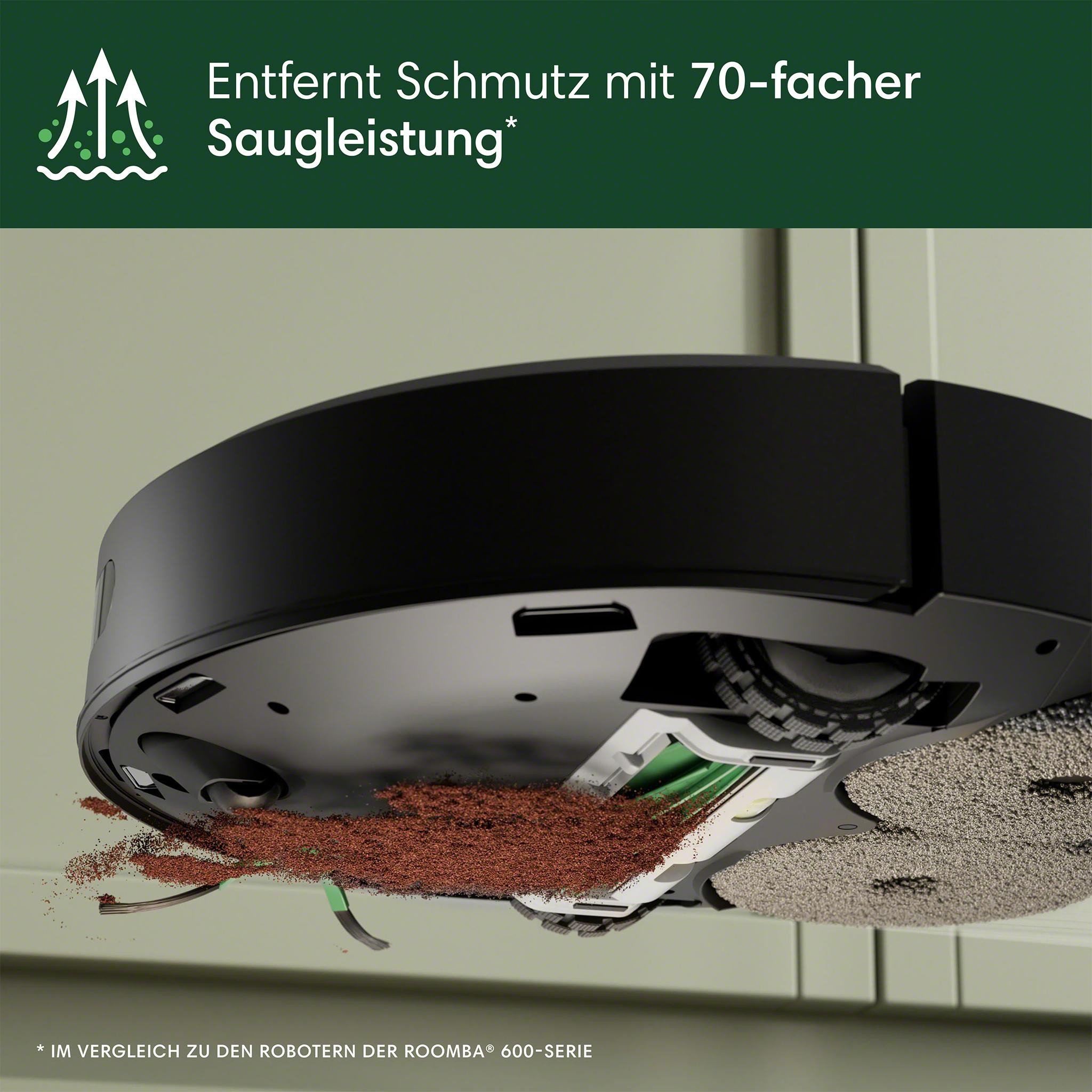 Schwarzer Roboter-Staubsauger reinigt einen Boden. Grüne und braune Farben.