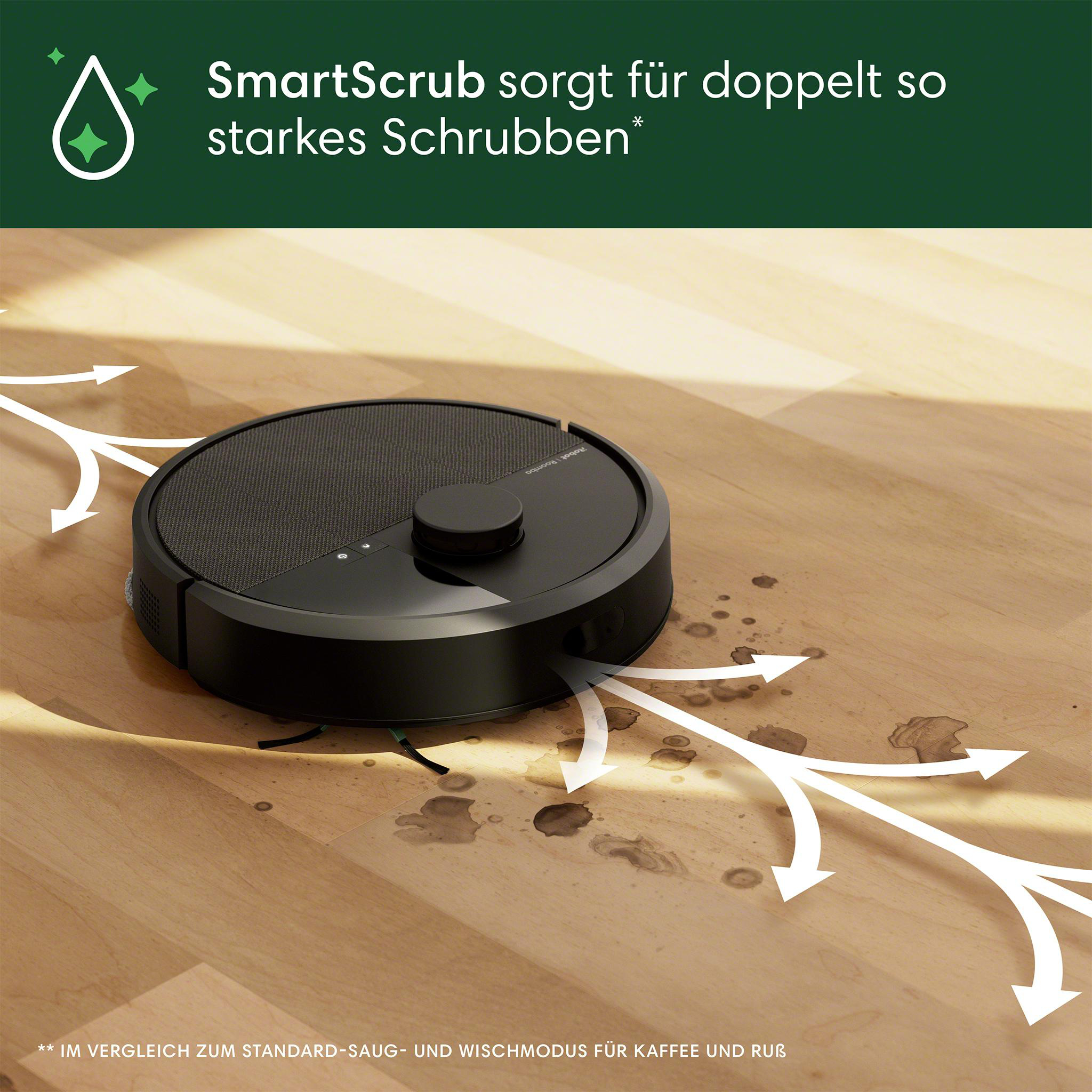 Roboter-Staubsauger auf Holzboden mit Pfeilen, die Reinigungspfade anzeigen.
