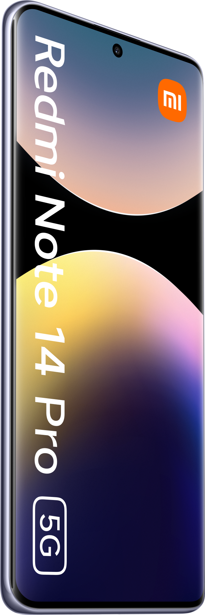 Telefon Redmi Note 14 Pro 5G z ekranem wyświetlającym kolorowy gradient.