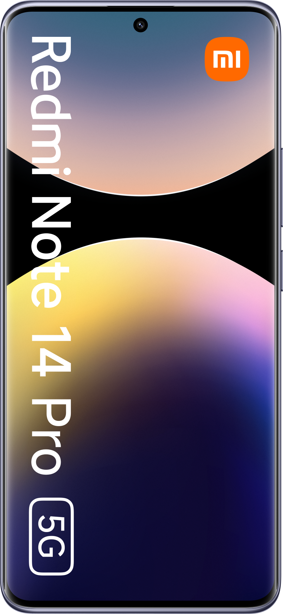 Telefon Redmi Note 14 Pro 5G, pozycja pionowa. Czarny ekran, logo Mi.