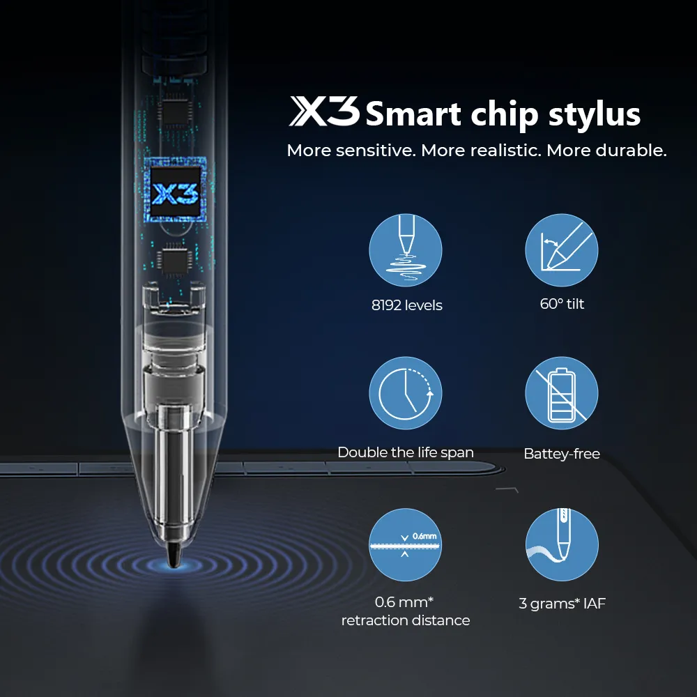 X3 chip-es toll, 8192 szint, 60° dőlés, dupla élettartam, akkumulátor nélküli, 0,6 mm visszahúzás.