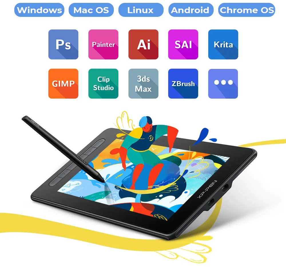 Egy táblagép tollal és szoftverikonokkal Windows, Mac, Linux, Android, Chrome OS rendszerekhez.