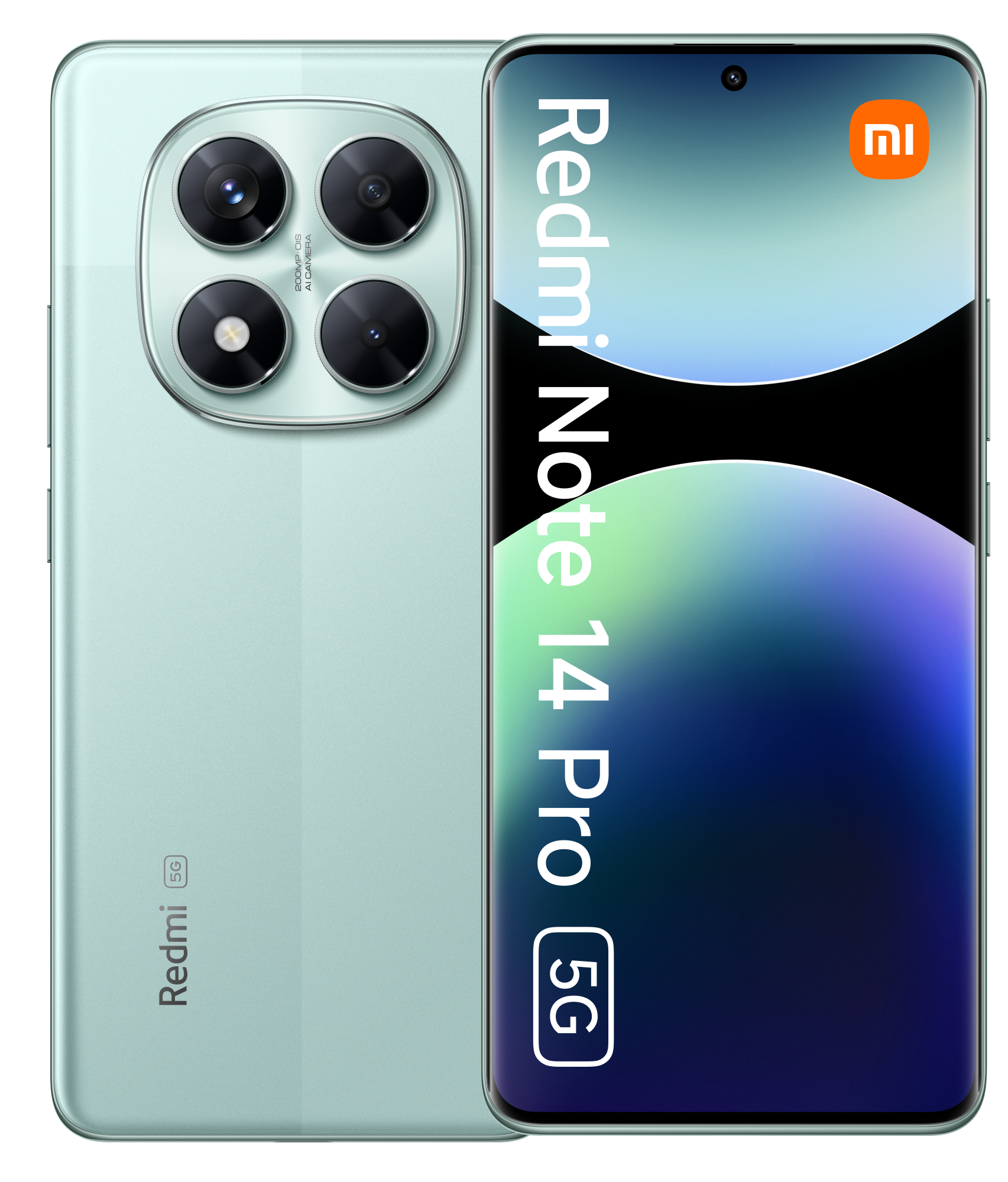 Telefon Redmi Note 14 Pro 5G, miętowy, trzy tylne aparaty i zakrzywiony ekran.