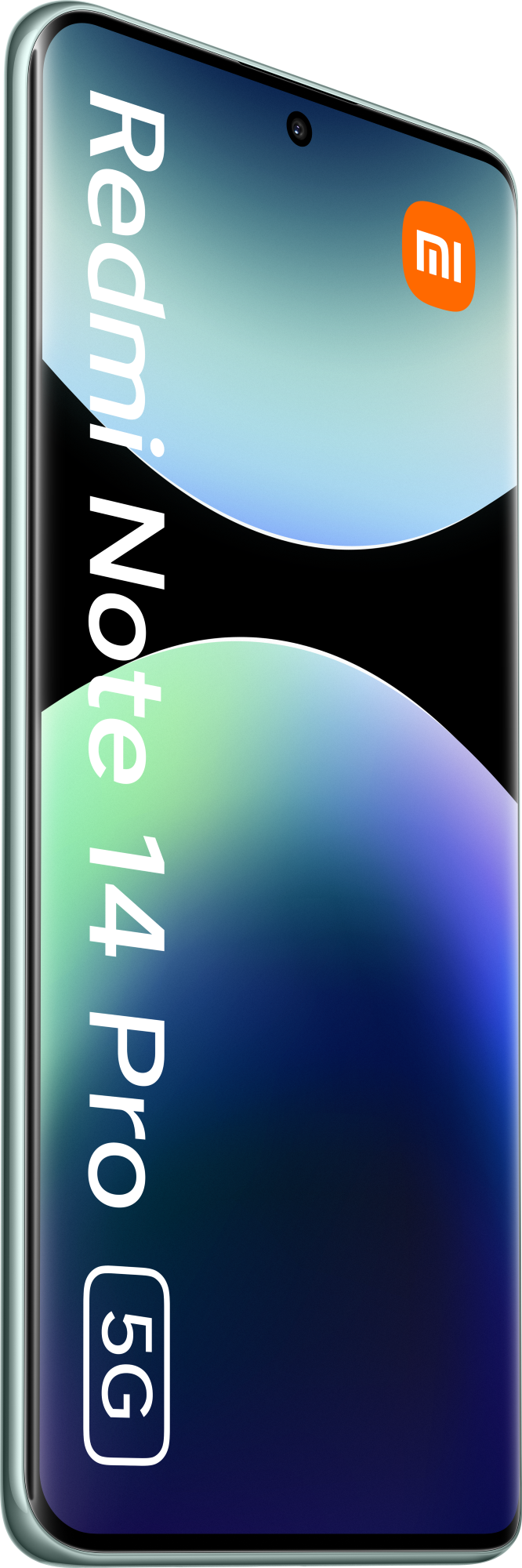 Telefon komórkowy w pozycji pionowej, z jasnoniebieskim gradientem i tekstem 'Redmi Note 14 Pro 5G'.