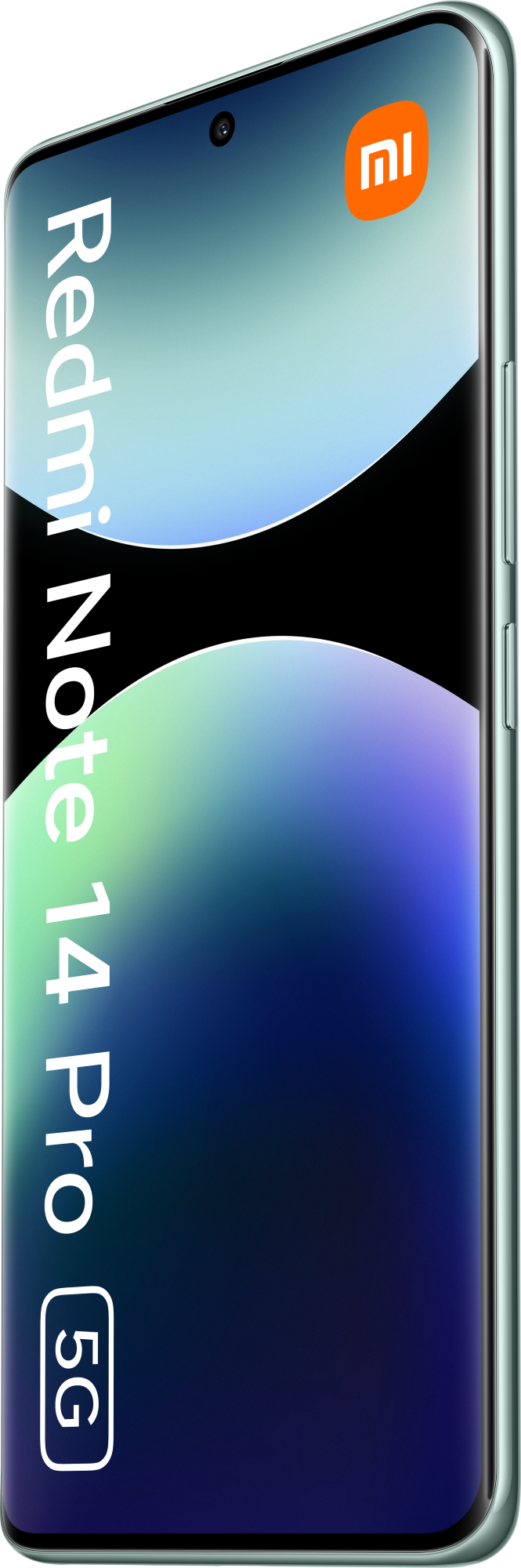 Miętowy zielony telefon Xiaomi z zakrzywionym ekranem, nazwa z boku.