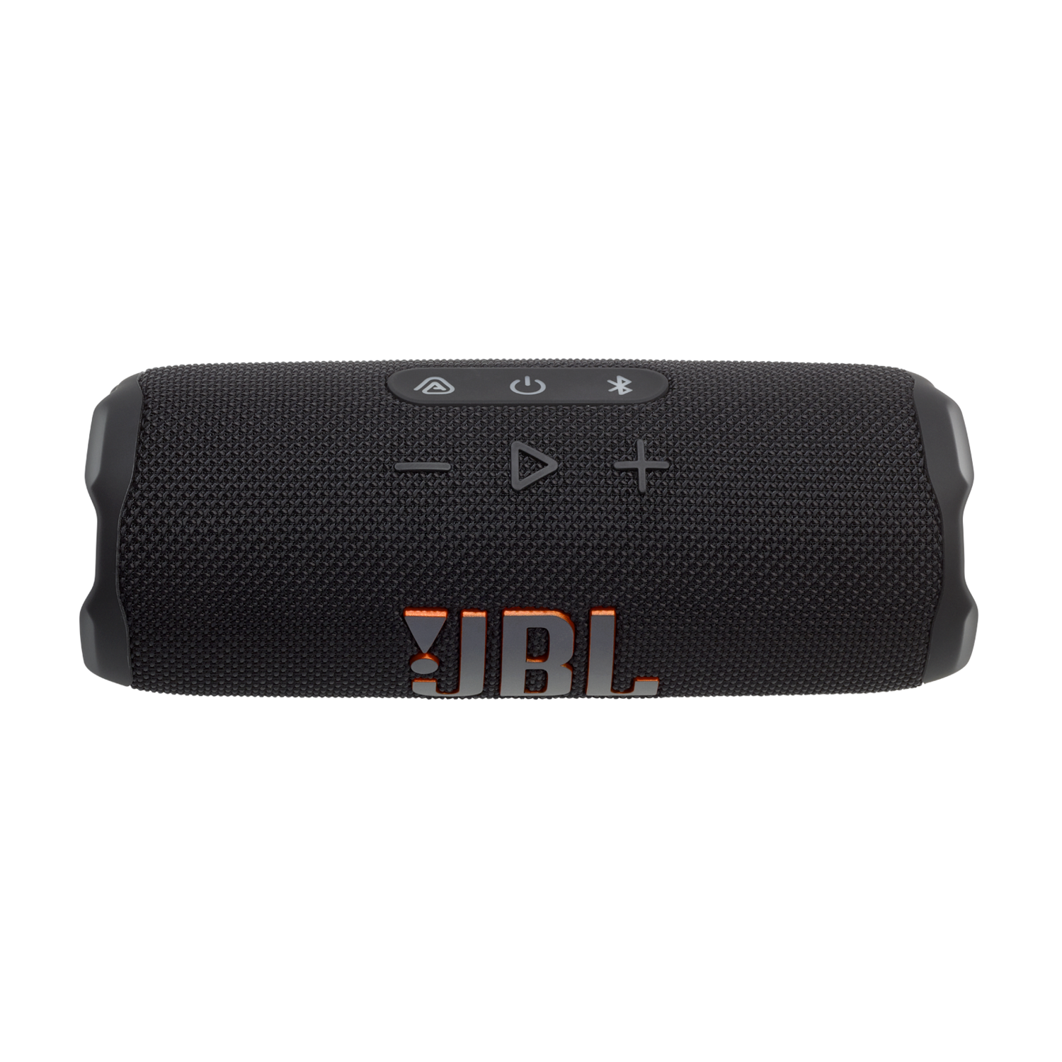 Een zwarte JBL-luidspreker, met knoppen en het JBL-logo in rood, op een zwarte achtergrond.