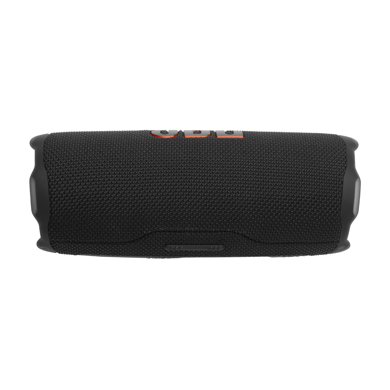 Een zwarte JBL draagbare luidspreker met oranje accenten op een zwarte achtergrond.