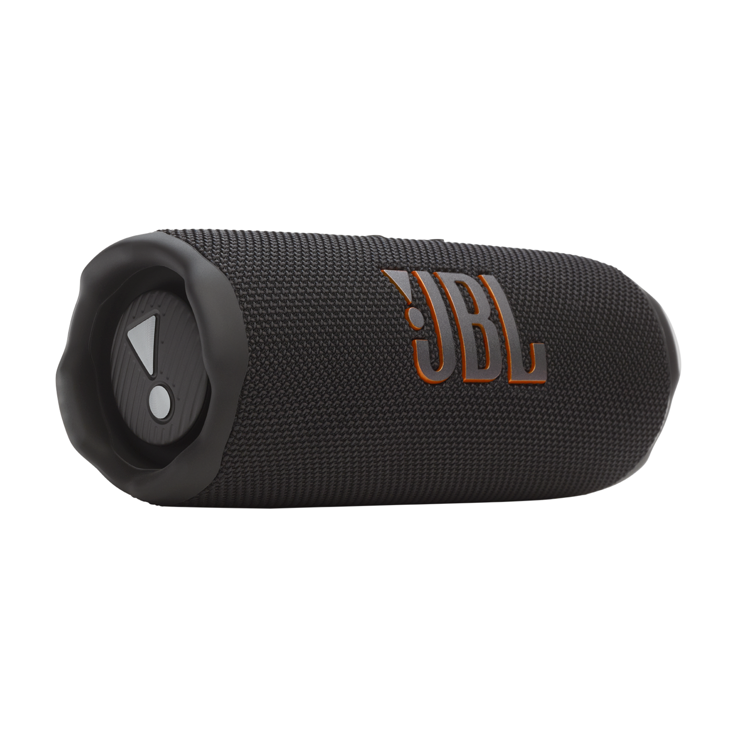 Zwarte JBL draagbare luidspreker met oranje logo, op een donkere achtergrond.