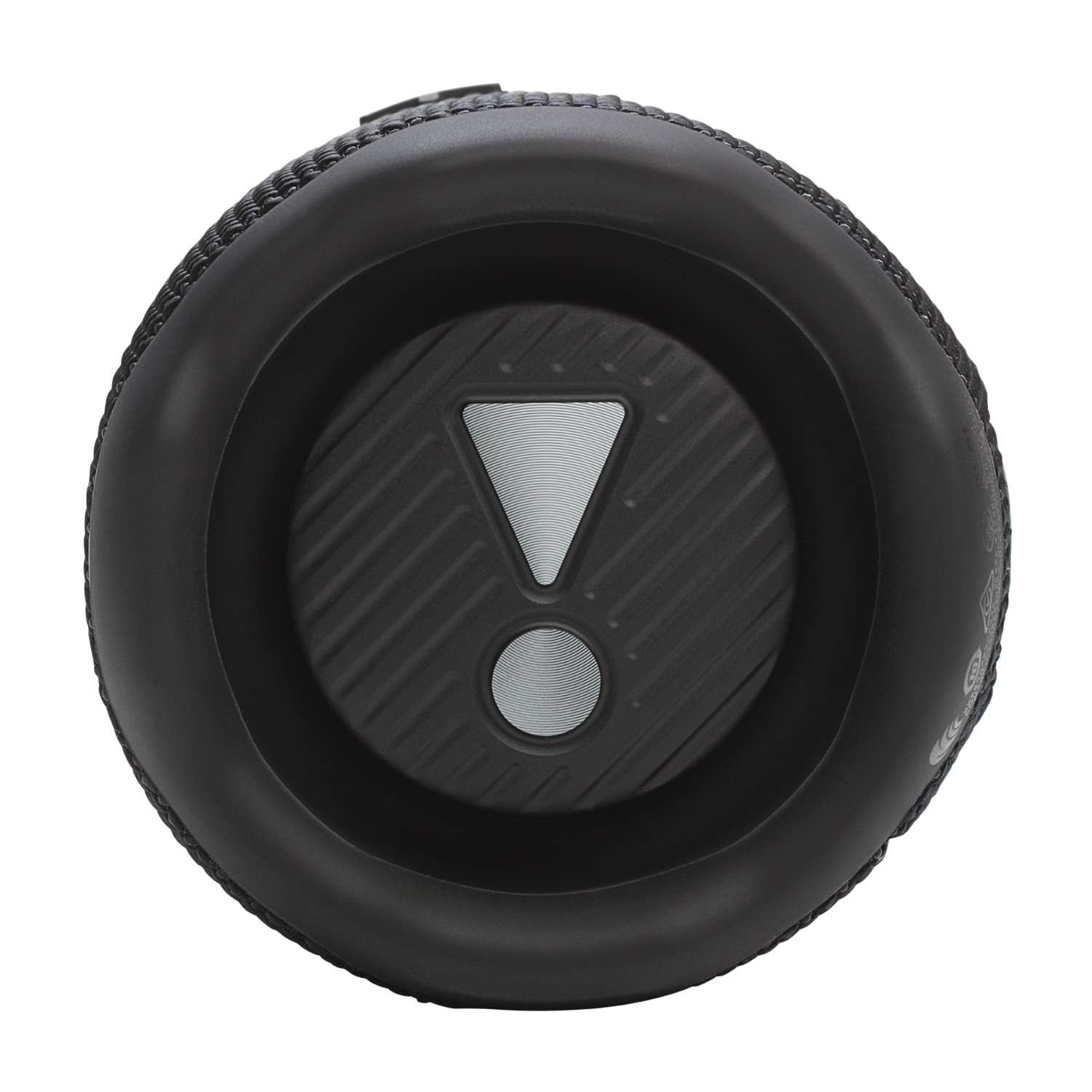 Zwarte speaker, cirkelvormig, met wit uitroepteken.