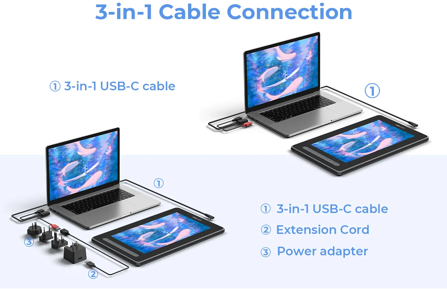 Egy laptop, táblagéphez és egyéb eszközökhöz csatlakoztatva. USB kábelek, adapter és kábel.