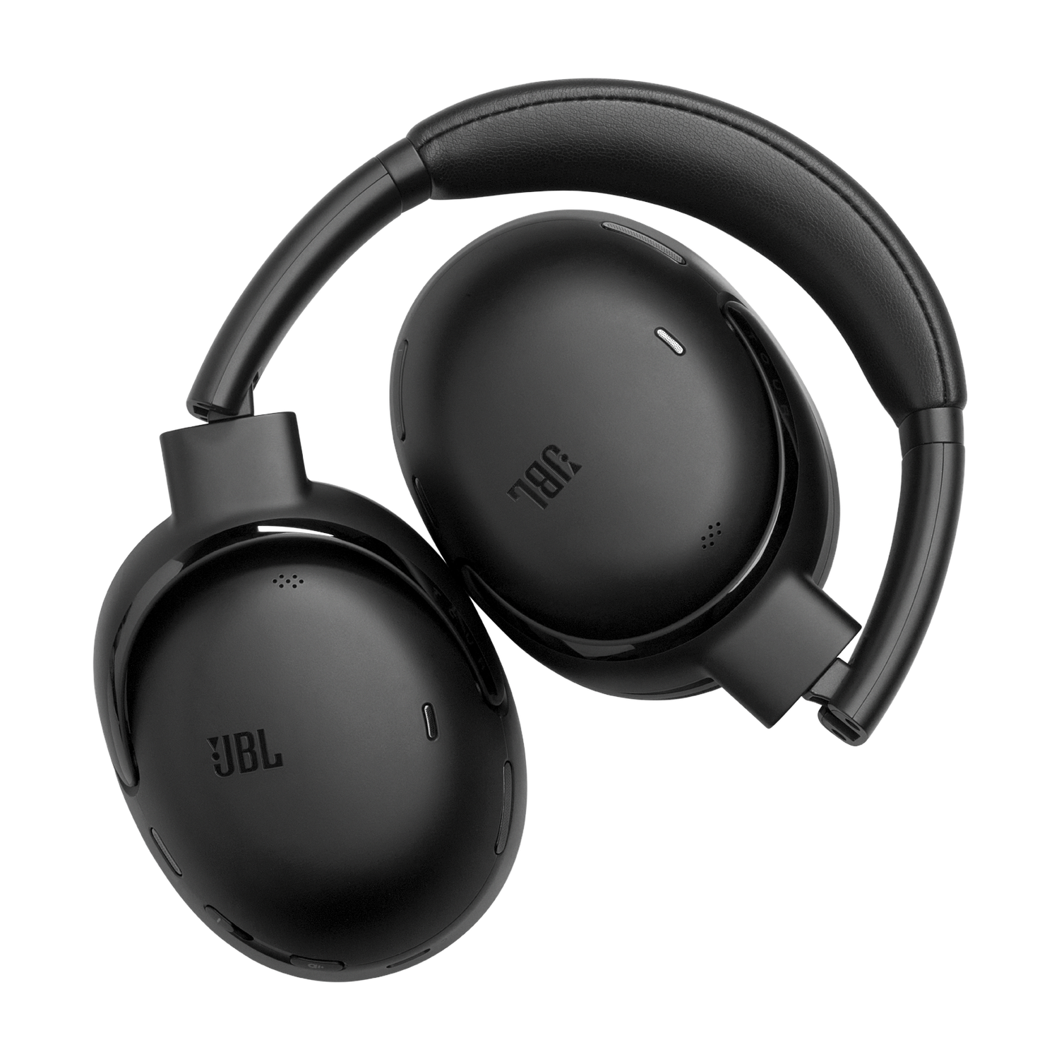 Black JBL headphones, folded, with the JBL logo on both earcups, isolated on a white background.