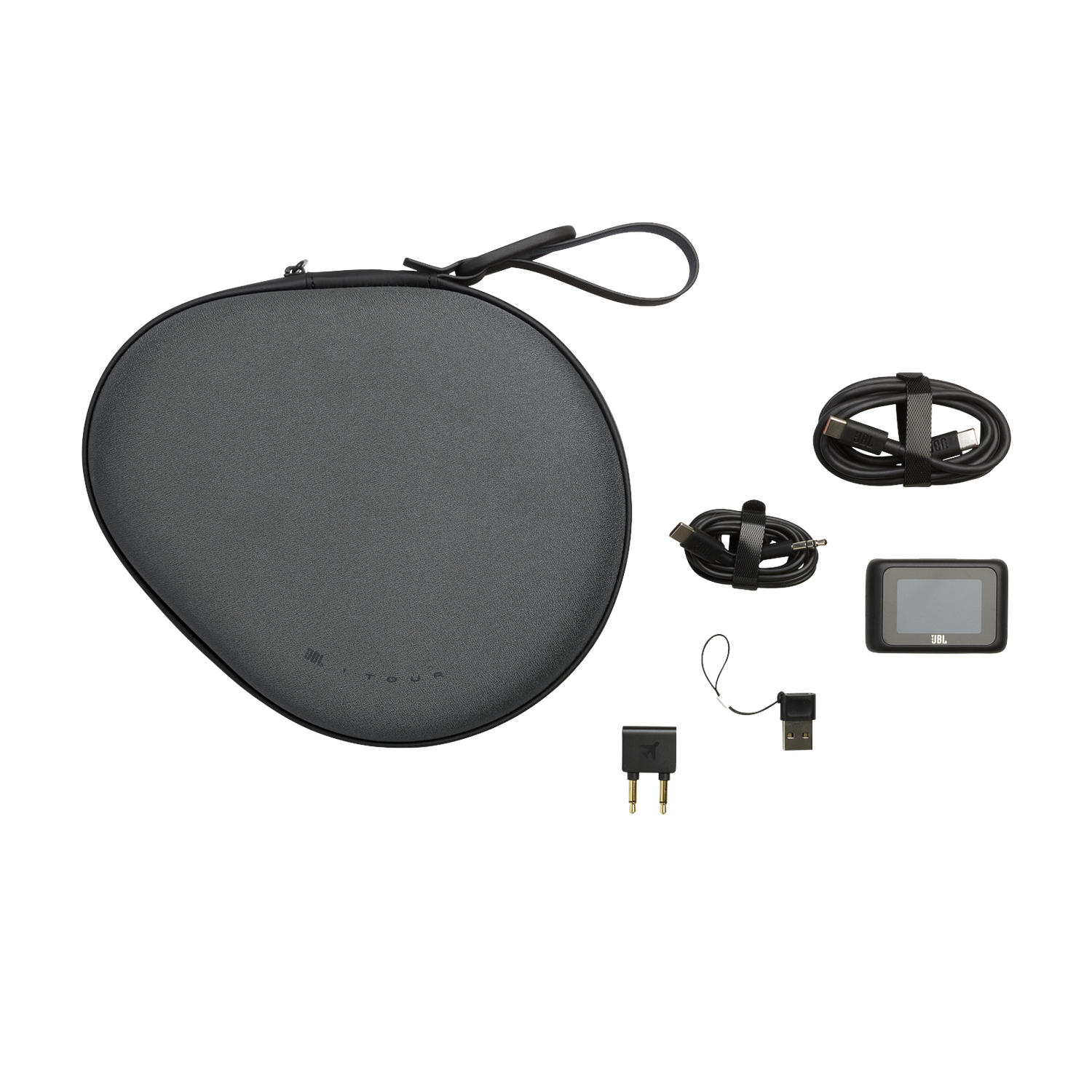 Headphones, case, charger, and other accessories on white.