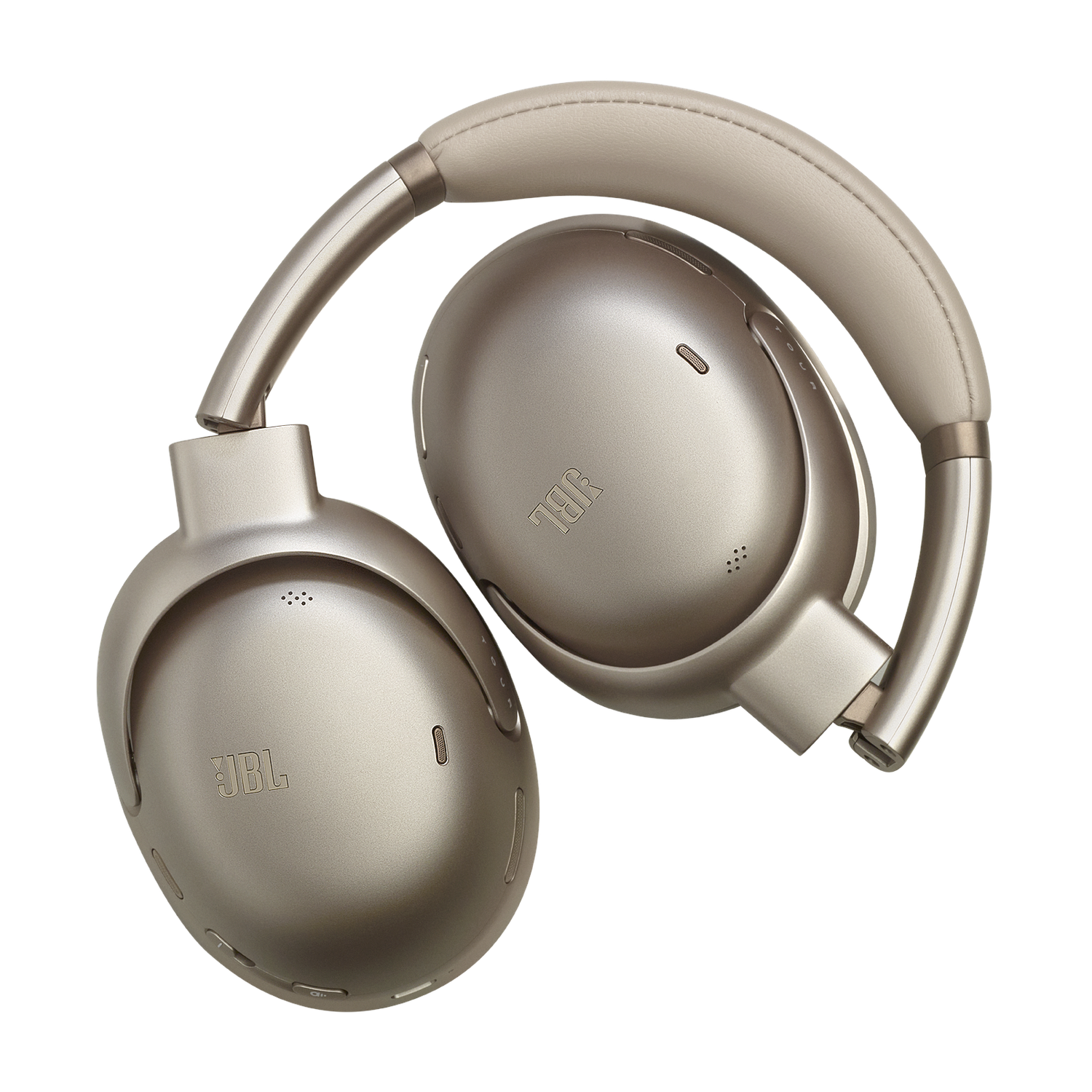 Casque JBL argenté, vue de dessus, avec oreillettes et arceau, sur surface blanche.