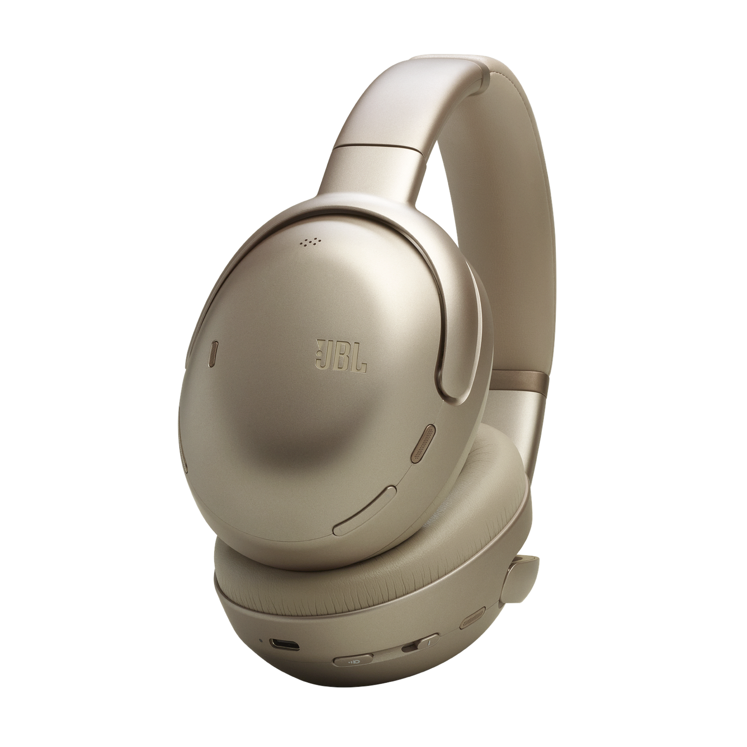 Casque JBL doré, légèrement incliné, sur fond blanc.