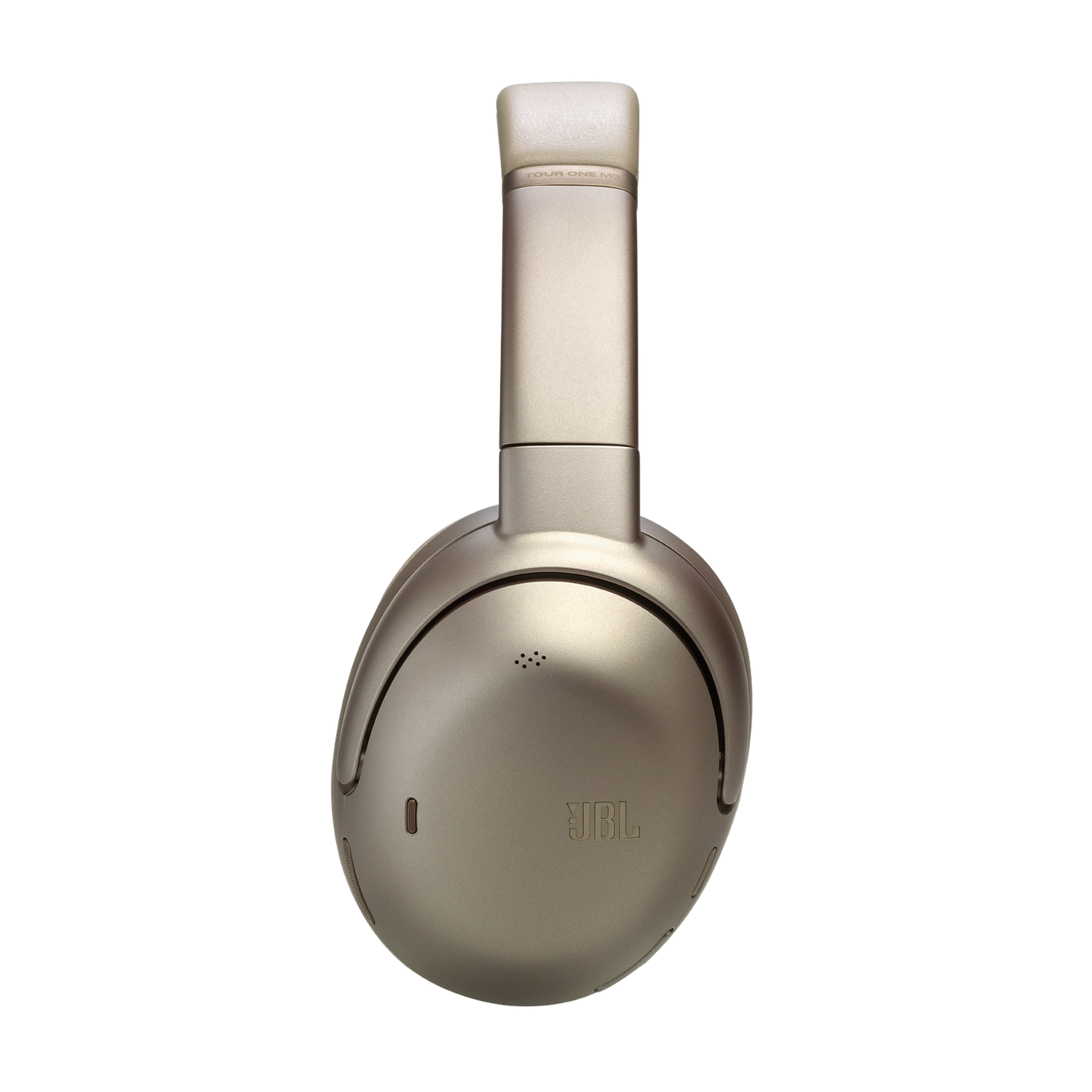 Casque JBL argenté. L'arceau est argenté et les oreillettes argentées avec le logo JBL.